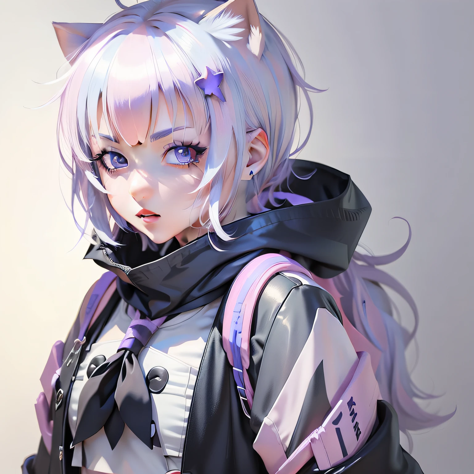 Anime drawing of a girl with purple eyes and fake cat ears,anime big breast,Short hair,Stunning animated facial portrait,The hair is white with a hint of purple,Anime style portrait, anime sketch,