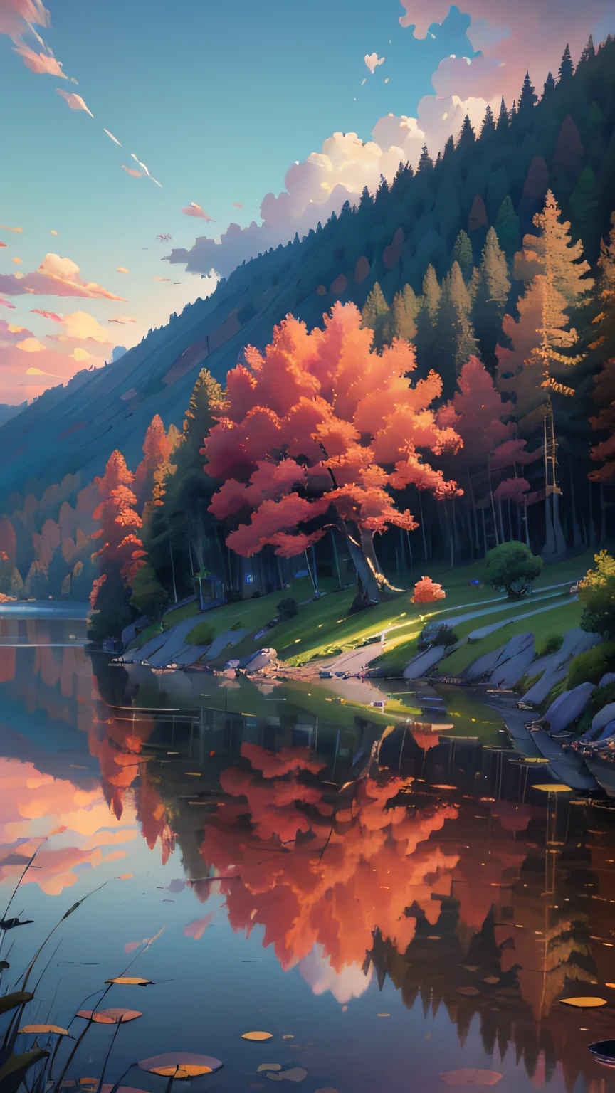 there is a beautiful sunset with a lake and trees in the background, colorful skies, surreal colors, colorful sunset, colorful sky, marvellous reflection of the sky, stunning sky, dream like atmosphere 8k, colorful clouds, colors reflecting on lake, surreal sky, red and blue reflections, fire reflection, beautiful sky, beautiful and spectacular dusk, beautiful dreamy landscape, amazing sky