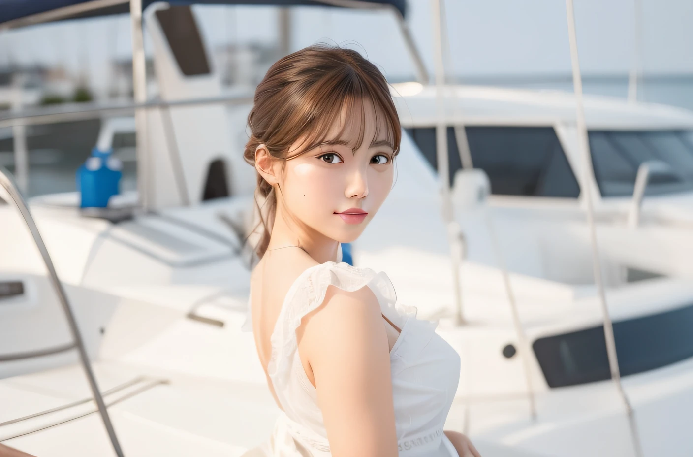 Woman in white dress standing on boat, on boat, hposing Gravure Idol, (in 8K、Raw photography、top-quality、​masterpiece:1.2)、(realisitic、Photorealsitic:1.37)、ultra-detailliert、超A high resolution、女の子1人、see the beholder、beautifull detailed face、a smile、Constriction、(Slim waist) :1.3)、The shirt、Beautiful detailed skin、Skin Texture、floated hair、profetional lighting、