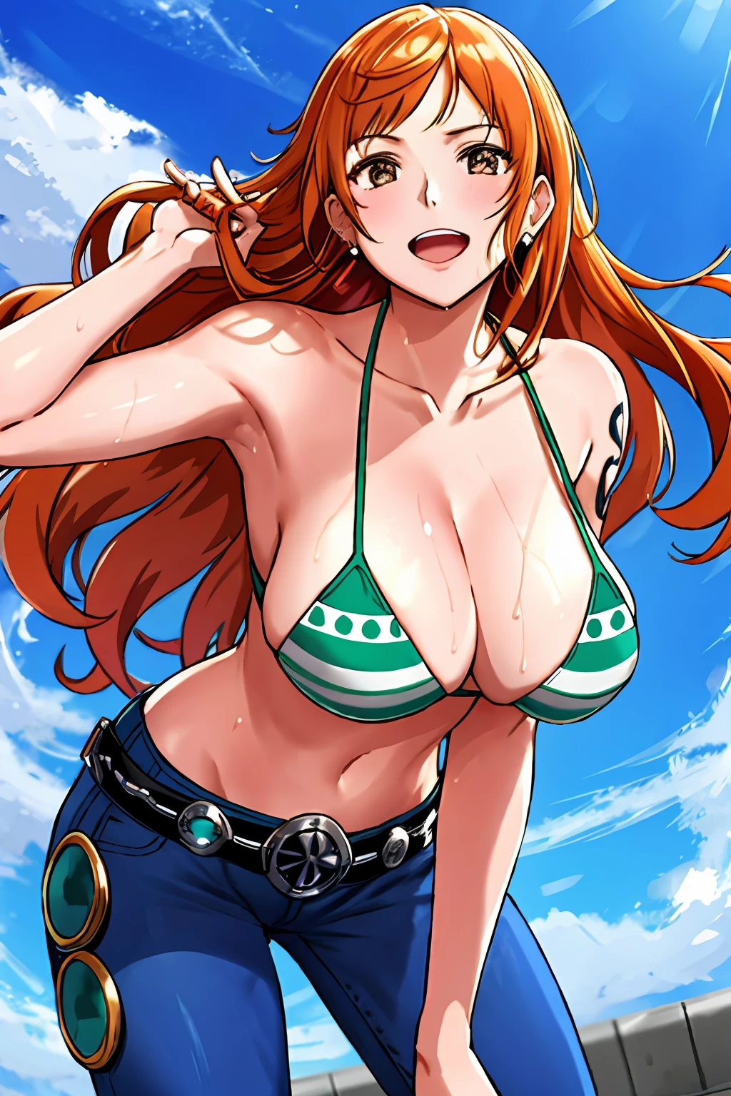 detailed background, masterpiece, 4k, best quality, late youth, adult, wrestler body, 1girl, active, energic, uppercut, (large mouth) , solo, nami \(one piece\), 1girl, bangle, (very wet, drenched in sweat, sweat all over body, very wet hair, tired, taking breath, open mouth, hand on stomach, sweaty face, sweaty body, panting, sweating too much, shiny sweat, sweat stains, leaning, tilting, hands on knees), perfect detailed face, bold drawing lines, muscular arms, detailed bold arm lines, flat jaw, adult woman, wavy wide streaked bangs, floating bang streaks, (big cheeks), bare shoulders, off-shoulders, belt, bikini, bikini top only, blue sky, bracelet, springy breasts, breast lines, big round eyes, plain big brown shiny eyes, bubbles, high eye position, cleavage, cloud, day, denim, earrings, floating hair, shiny hair, green belt, green bikini, bold groin lines, jeans, jewelry, large breasts, log pose, long hair, looking at viewer, navel, wet hair, orange hair, pants, shoulder tattoo, sidelocks, sky, solo, standing, stomach, swimsuit, tattoo , looking at viewer, open mouth, detailed left arm, big forehead, hourglass figure, small head, toned body, wide hair, wind effect, sun effect, under the sun, narrow small ears angle, older, random poses,