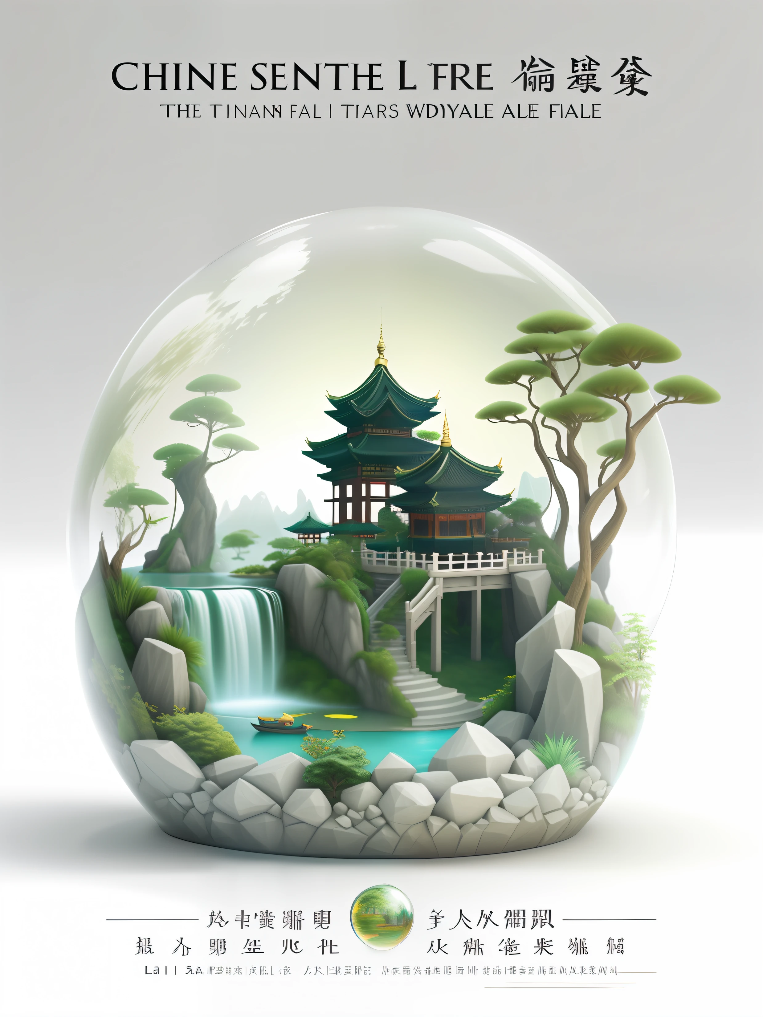 There is a glass ball，Inside there is a waterfall and a pagoda, Detailed digital 3D art, 3d render digital art, Chinese fantasy, Beautiful digital artwork, 3 d artistic render, intricate 3 d illustration, A beautiful artwork illustration, By Fei Danxu, By Li Song, Beautiful rendering of the Tang Dynasty, 3 d render stylized, fantasia 3 d render
