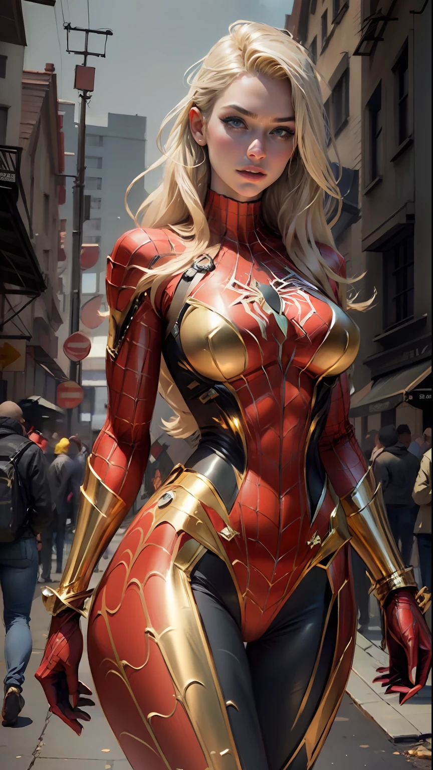 Beautiful blonde woman detailed defined body using gold spider man cosplay, huge breasts