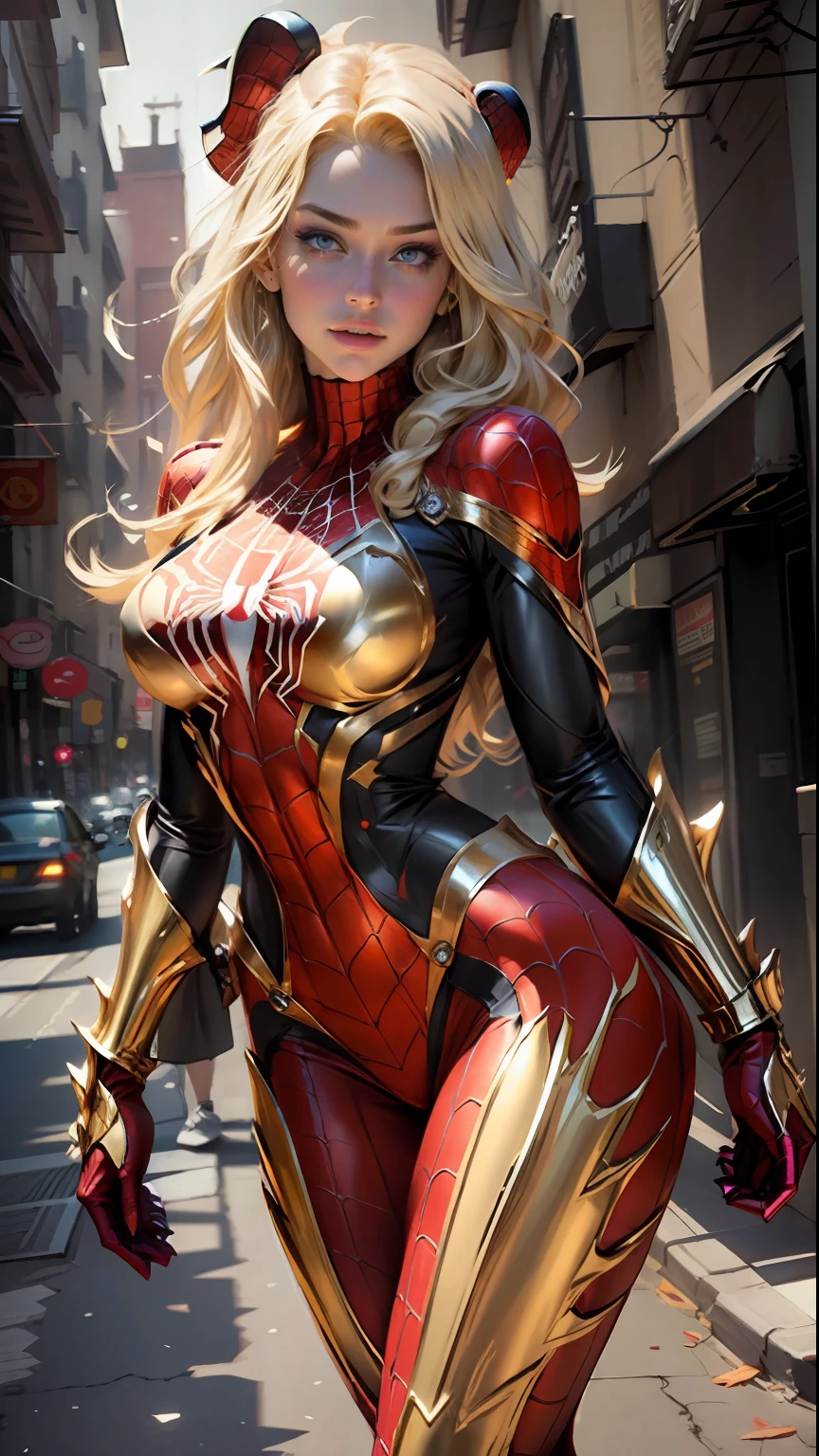 Beautiful blonde woman detailed defined body using gold spider man cosplay, huge breasts