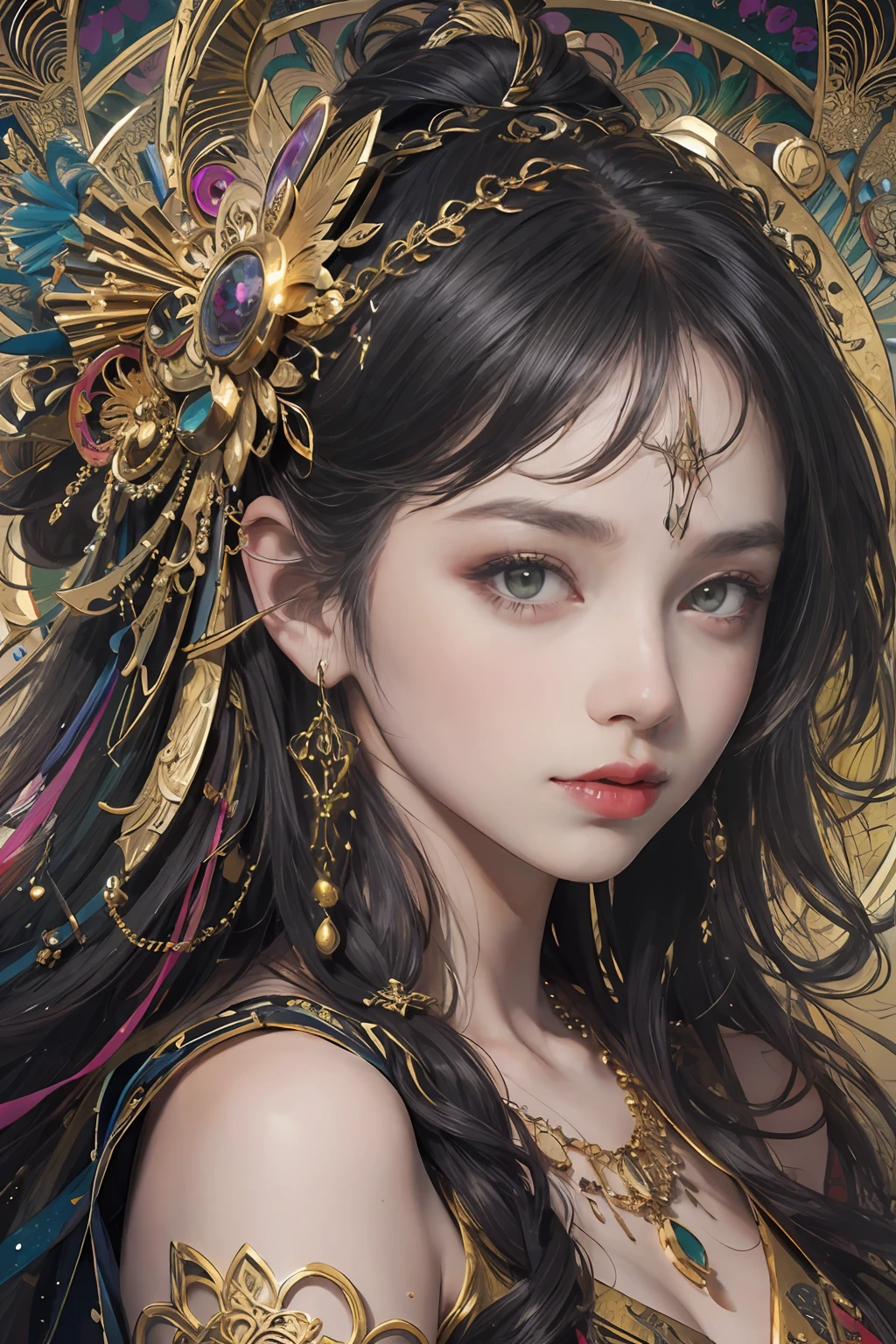 (masterpiece, top quality, best quality, official art, beautiful and aesthetic:1.2), (1girl), extreme detailed,colorful,highest detailed, official art, unity 8k wallpaper, ultra detailed, beautiful and aesthetic, beautiful, masterpiece, best quality, (zentangle, mandala, tangle, entangle) ,holy light,gold foil,gold leaf art,glitter drawing, PerfectNwsjMajic