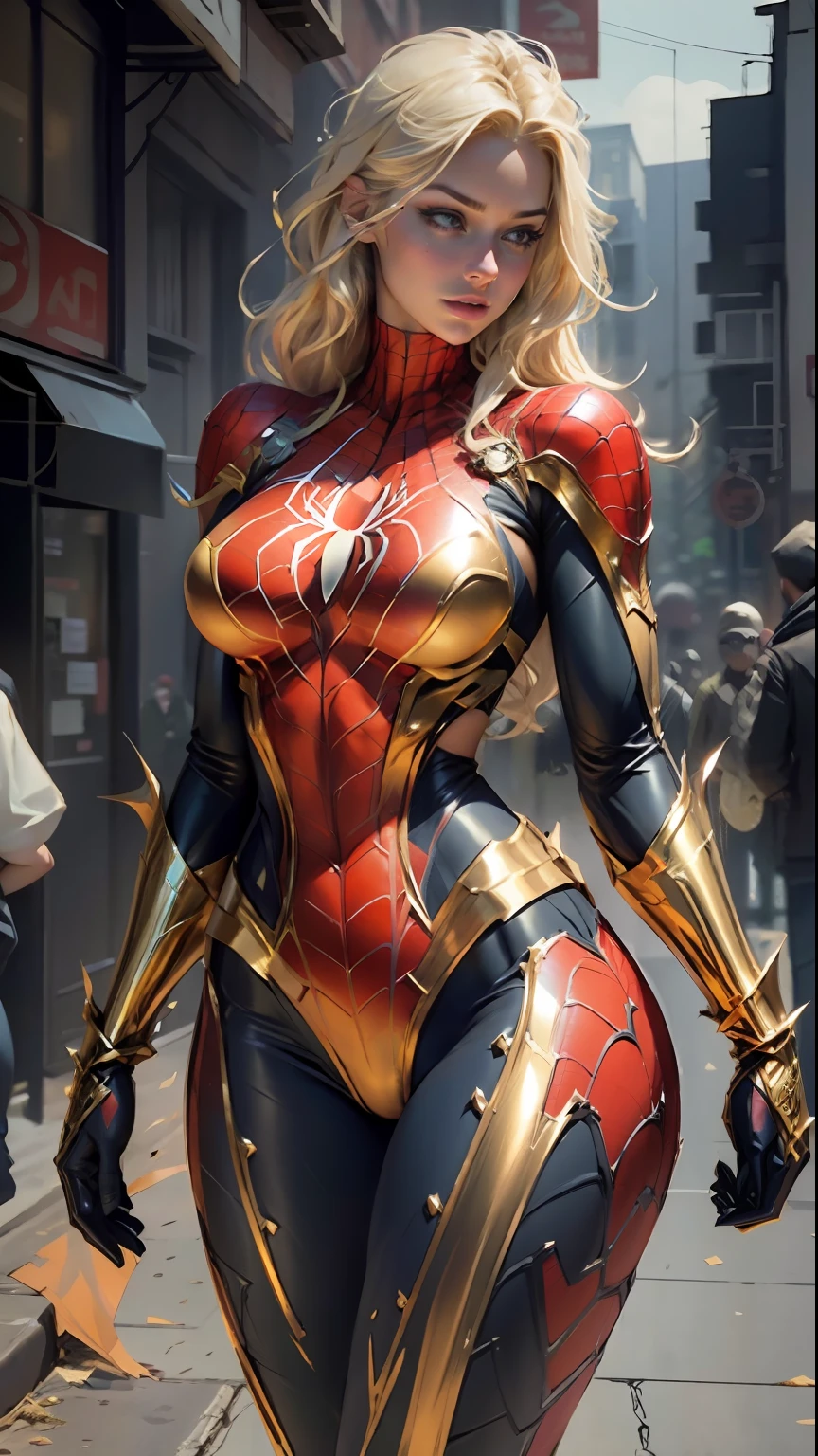 Beautiful blonde woman detailed defined body using gold spider man cosplay, huge breasts