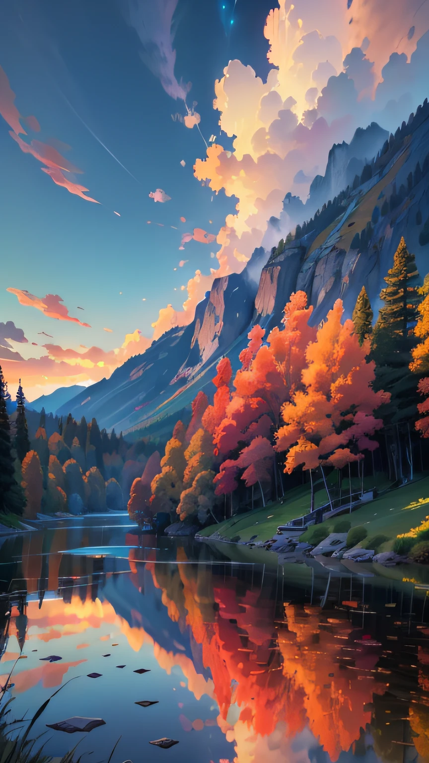 there is a beautiful sunset with a lake and trees in the background, colorful skies, surreal colors, colorful sunset, colorful sky, marvellous reflection of the sky, stunning sky, dream like atmosphere 8k, colorful clouds, colors reflecting on lake, surreal sky, red and blue reflections, fire reflection, beautiful sky, beautiful and spectacular dusk, beautiful dreamy landscape, amazing sky