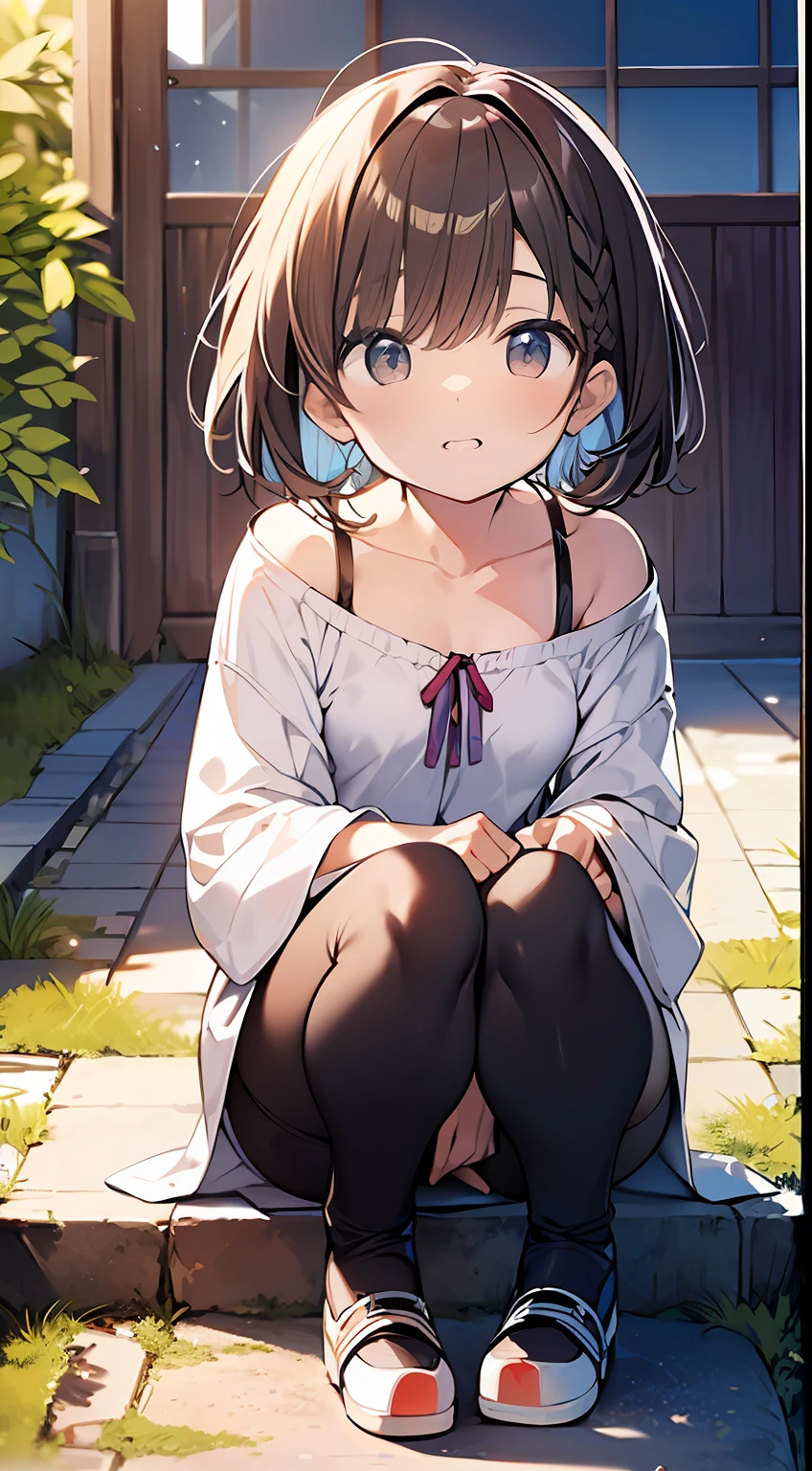 (top-quality、32K image quality、masterpiece、nffsw:1.2)、a cute 、Medium short hair、short braiding、beauitful face、Ultra-detailed details、(Slouched:1.3)、at the sunset、With the dog、crouching down、(From above:1.3)、(a closeup:1.4)、small curvy loliou can see the chest))、Bust Up Perspective、Loose baggy big shirt、(beautiful nipple slips:0.9)、outside of house、the wind、shinny skin、blurry backround