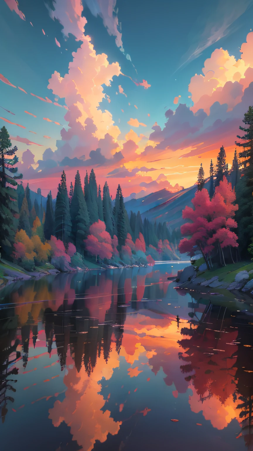 there is a beautiful sunset with a lake and trees in the background, colorful skies, surreal colors, colorful sunset, colorful sky, marvellous reflection of the sky, stunning sky, dream like atmosphere 8k, colorful clouds, colors reflecting on lake, surreal sky, red and blue reflections, fire reflection, beautiful sky, beautiful and spectacular dusk, beautiful dreamy landscape, amazing sky