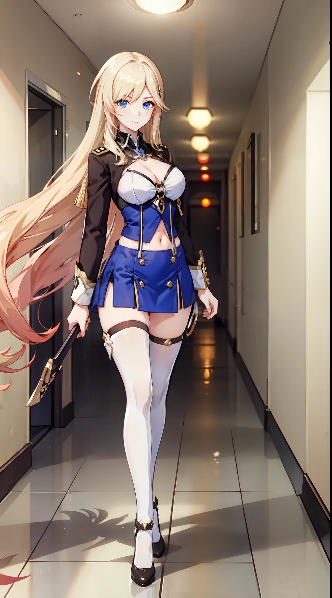 slim legs, cleavage, short skirt, navel, blue eyes, soldier uniform, thigh high socks, stand, blonde hair, long hair, short skirt, durandal, happy, hallway