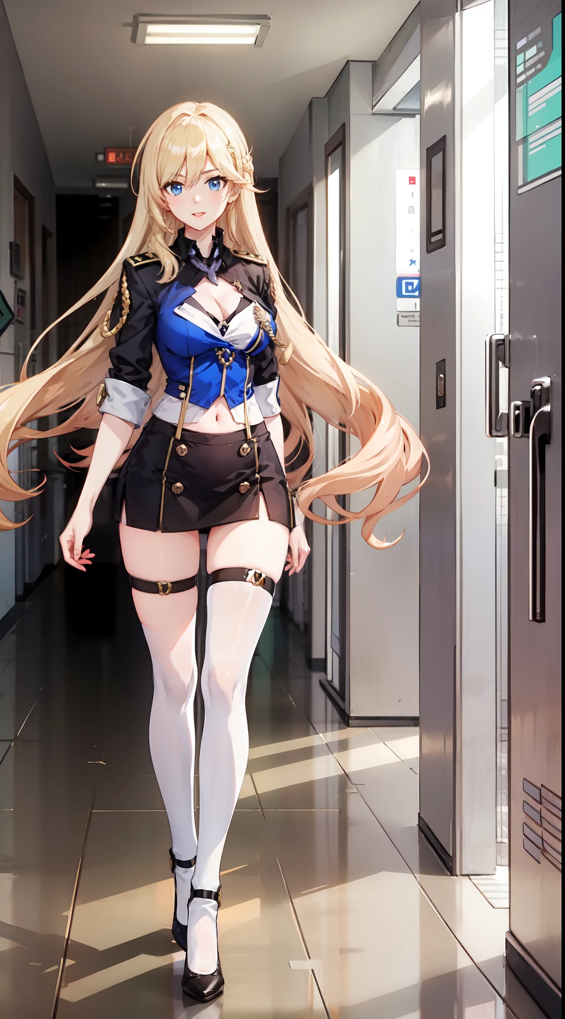 slim legs, cleavage, short skirt, navel, blue eyes, soldier uniform, thigh high socks, stand, blonde hair, long hair, short skirt, durandal, happy, hallway