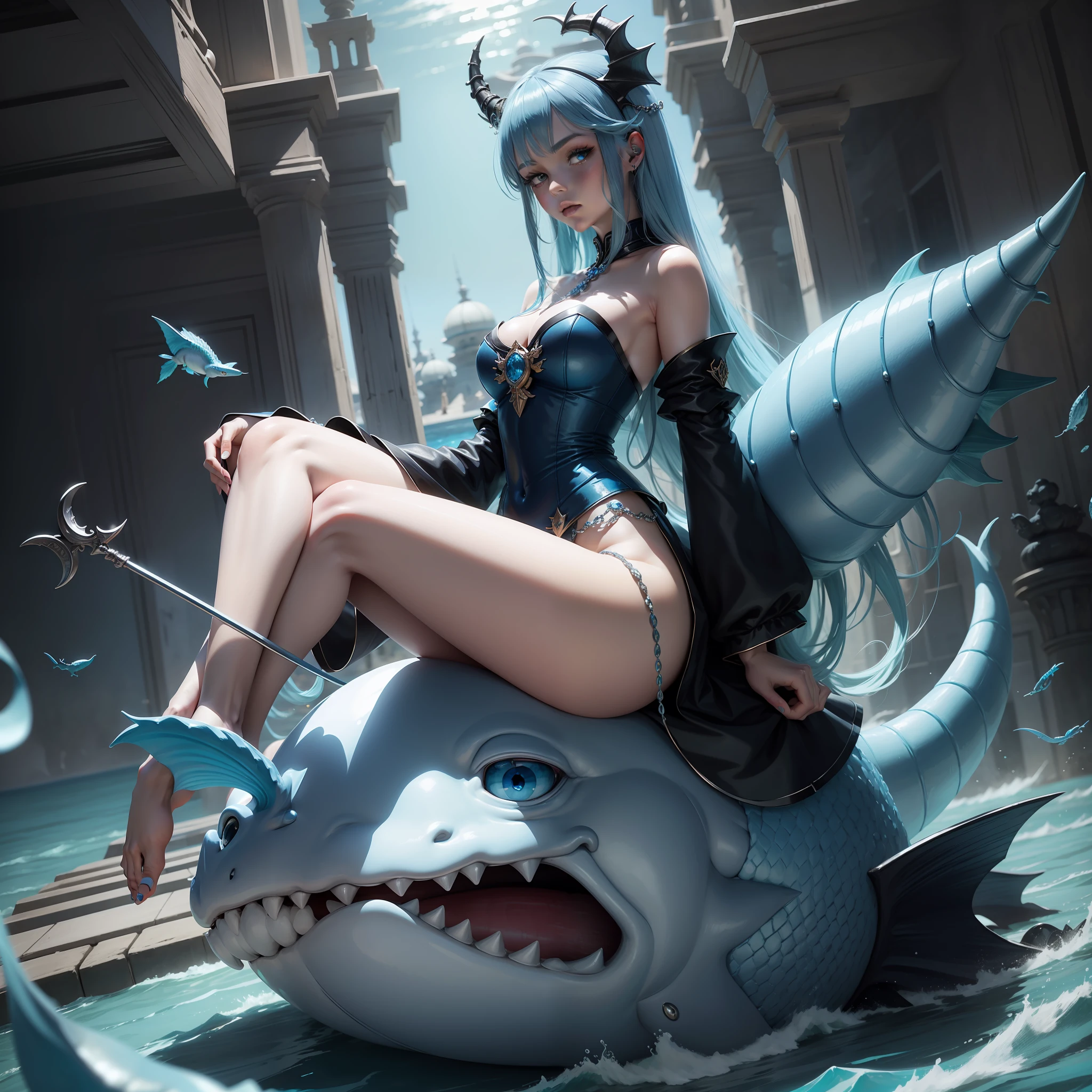 Beauty Blue hair Blue eyes Pearl head chain Dragon ears Bottom of the sea Sitting on a big fish Holding a trident Imperial sister figure Lots of fish in the background