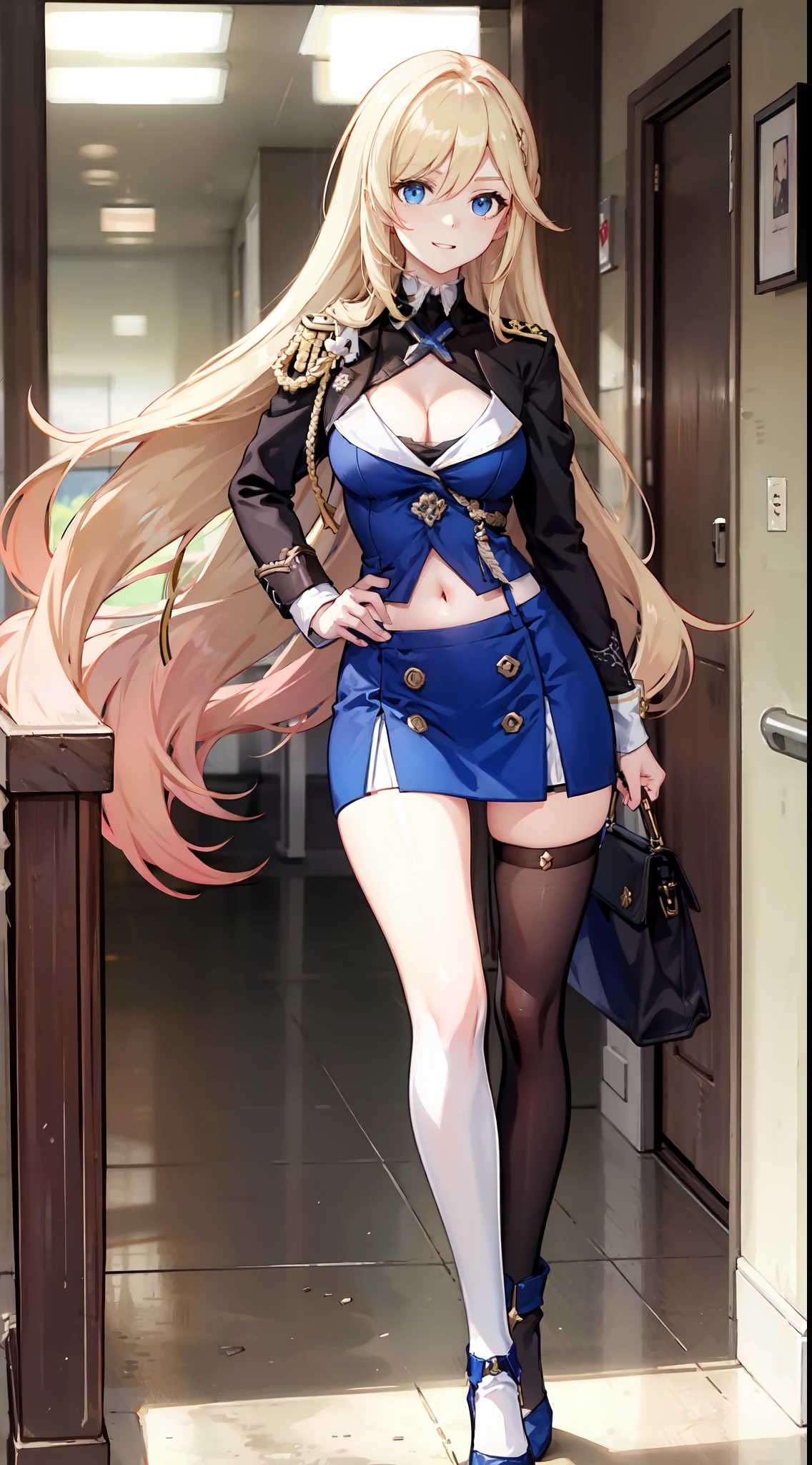 slim legs, cleavage, short skirt, navel, blue eyes, soldier uniform, thigh high socks, stand, blonde hair, long hair, short skirt, durandal, happy, hallway