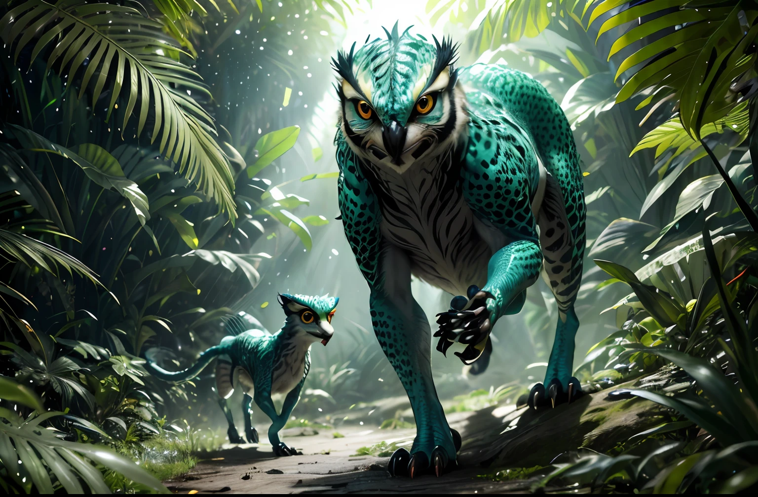 four-legged fast creature, like a greyhound, predator creature with (long monkey tail), slim like cheetah with green feathers and beak. predator creature like gepard with feathers ((four legs)) slender, long body with feathers, green gepard body with feathers, long legs creature with transparent and lighting body, walking on all six legs, owl head, lemur head, ((four eyes)), creature stalks like a hunting lion,jellyfish transparent body, 4 leghs, in the jungle, jungle, rain forest, high image quality, realistic look, high-resolution photography, 8K, full-frame matrix, deep shadows, ((one character)), (intricate details, subsurface scattering, hyperdetailed:1.15), (hyperrealism, volumetric lighting, sharp:1.5) Fujifilm XT3