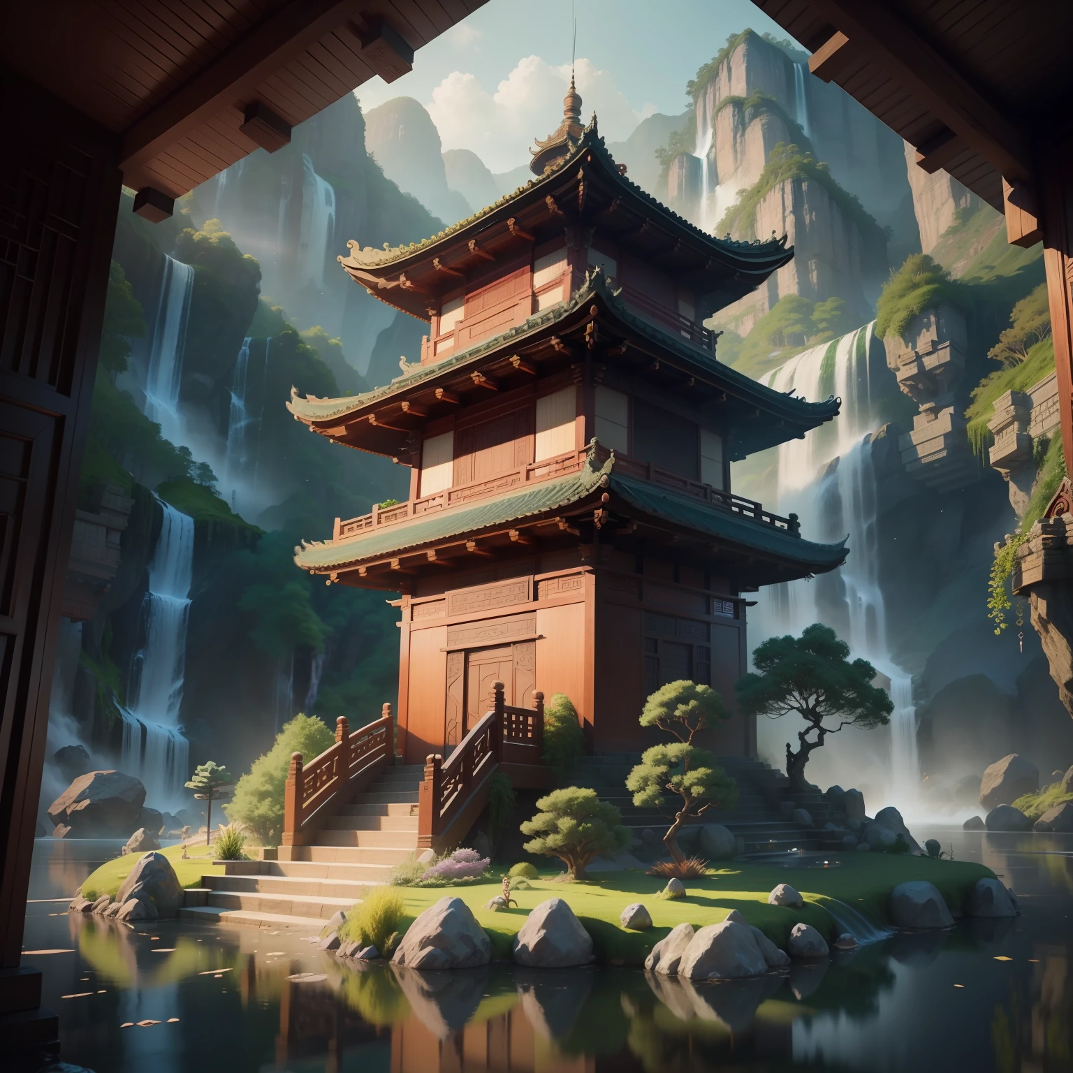 There is a glass ball,Inside there is a waterfall and a pagoda, Detailed digital 3D art, 3d render digital art, Chinese fantasy, Beautiful digital artwork, 3 d artistic render, intricate 3 d illustration, A beautiful artwork illustration, By Fei Danxu, By Li Song, Beautiful rendering of the Tang Dynasty, 3 d render stylized, fantasia 3 d render