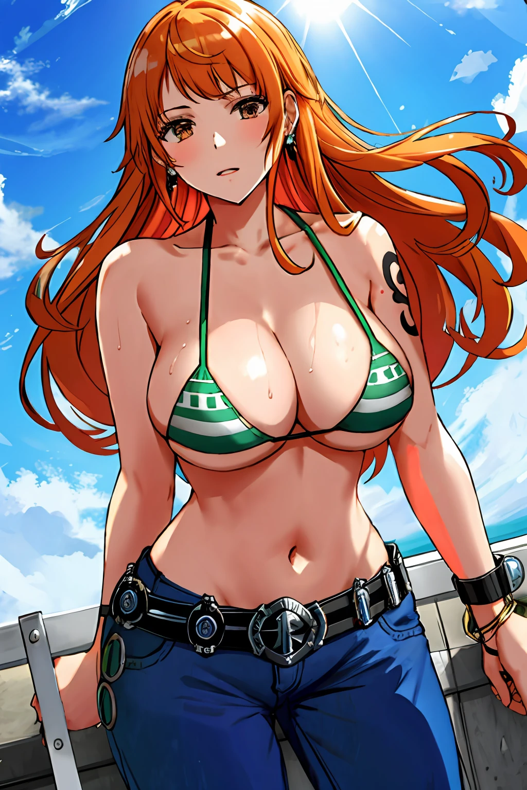 detailed background, masterpiece, 4k, best quality, late youth, adult, wrestler body, 1girl, active, energic, uppercut, (large mouth) , solo, nami \(one piece\), 1girl, bangle, (very wet, drenched in sweat, sweat all over body, very wet hair, tired, taking breath, open mouth, hand on stomach, sweaty face, sweaty body, panting, sweating too much, shiny sweat, sweat stains, leaning, tilting, hands on knees), perfect detailed face, bold drawing lines, muscular arms, detailed bold arm lines, flat jaw, adult woman, wavy wide streaked bangs, floating bang streaks, (big cheeks), bare shoulders, off-shoulders, belt, bikini, bikini top only, blue sky, bracelet, springy breasts, breast lines, big round eyes, plain big brown shiny eyes, bubbles, high eye position, cleavage, cloud, day, denim, earrings, floating hair, shiny hair, green belt, green bikini, bold groin lines, jeans, jewelry, large breasts, log pose, long hair, looking at viewer, navel, wet hair, orange hair, pants, shoulder tattoo, sidelocks, sky, solo, standing, stomach, swimsuit, tattoo , looking at viewer, open mouth, detailed left arm, big forehead, hourglass figure, small head, toned body, wide hair, wind effect, sun effect, under the sun, narrow small ears angle, older, random poses,