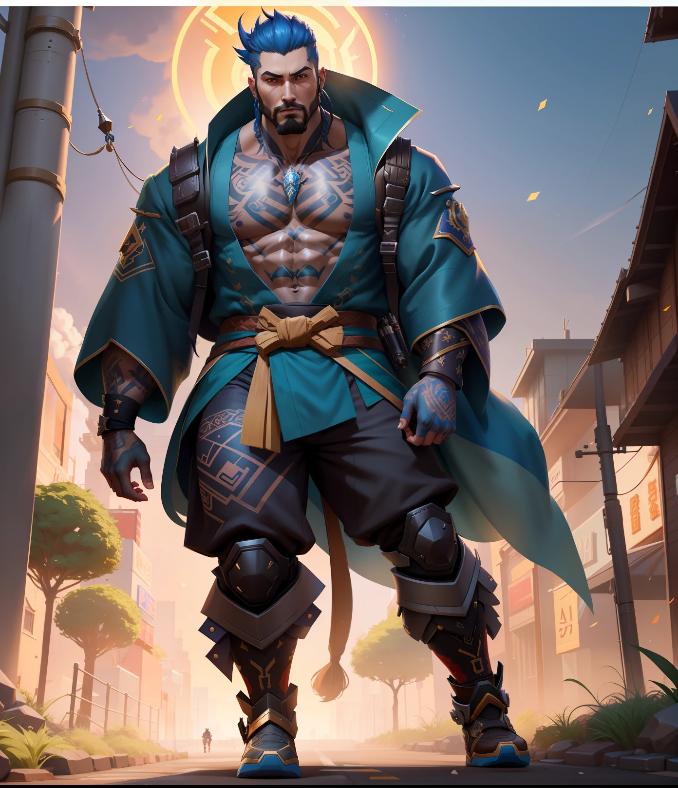 Full body walking down the street and Alafed man with full body tattoo, badass anime 8 K, Hanzo in Overwatch, ross tran 8 k, ross tran style, Trending on ArtStation pixiv, trending on artstationh, trending on artstation hd, Trending on ArtStation.', trending on artstation hq, fighting game character