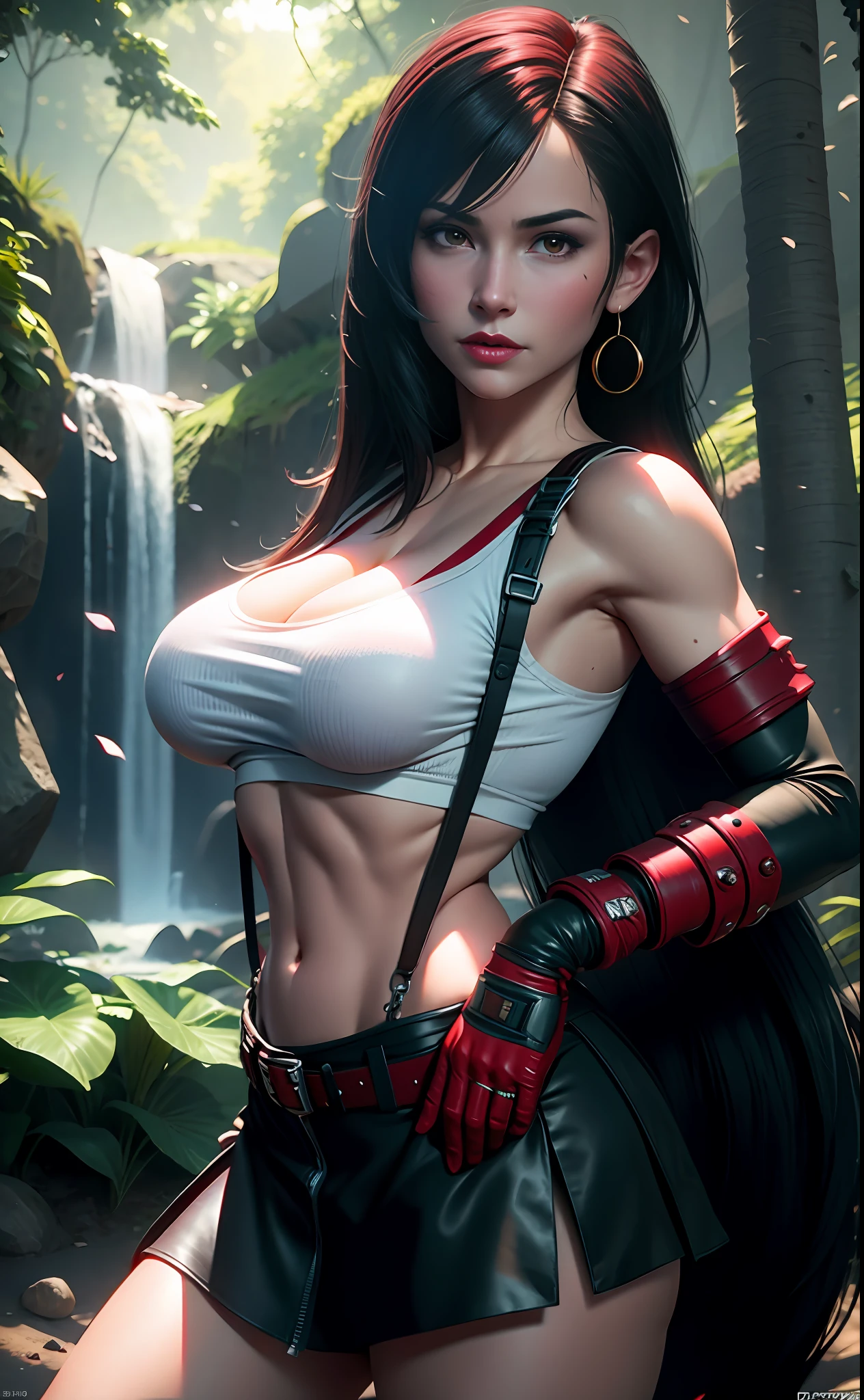Tifa lockhart, tifa_lockhart,  ff7, sultry face, (full :1.5), (black long hair), hair bangs (red eyes:1.3) long eyelashes, beautiful red eyes with brightness, surrealism, shadow, stereogram, photorealistic, realistic, POV, atmospheric perspective, cinematic lighting, ray tracing, 8k, super detail, best quality, masterpiece, well detailed, (Canon EOS R6, 135mm, 1/1250s, f/2.8, ISO 400:0.9), red combat gloves, big breasts, slim, (medium breasts:1.4) (view from front:1.4)(nature background:1.3)