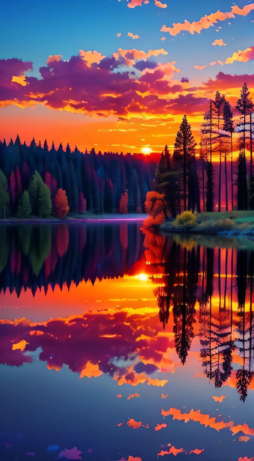 there is a beautiful sunset with a lake and trees in the background, colorful skies, surreal colors, colorful sunset, colorful sky, marvellous reflection of the sky, stunning sky, dream like atmosphere 8k, colorful clouds, colors reflecting on lake, surreal sky, red and blue reflections, fire reflection, beautiful sky, beautiful and spectacular dusk, beautiful dreamy landscape, amazing sky