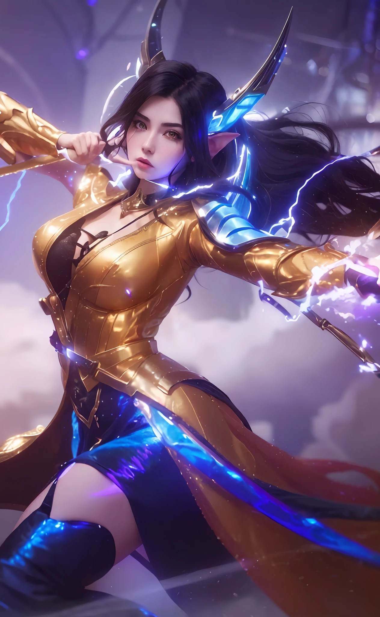 ((Best Quality, 4K, Masterpiece: 1.3)), (Detailed: 1.4), Reality, 1girl, a elf woman in a gold outfit holding a sword and lightning, irelia, maya ali as a lightning mage, ashe, senna from league of legends, style artgerm, extremely detailed artgerm, irelia from league of legends, trending artgerm, zenra taliyah, heise jinyao, Big Breast, Huge Breast, Nice Thigh, Elf woman with white eyes and black hair, Cyberpunk girl, cyberpunk, long hair, 4K, HD, Ultra Realistic, extremely detailed, tfft, perfecteyes
