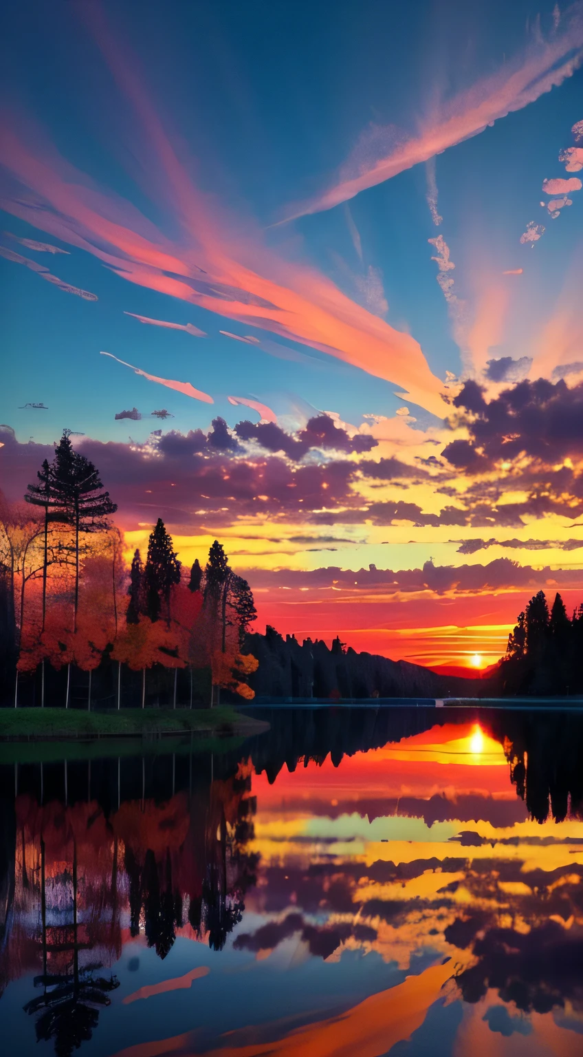 there is a beautiful sunset with a lake and trees in the background, colorful skies, surreal colors, colorful sunset, colorful sky, marvellous reflection of the sky, stunning sky, dream like atmosphere 8k, colorful clouds, colors reflecting on lake, surreal sky, red and blue reflections, fire reflection, beautiful sky, beautiful and spectacular dusk, beautiful dreamy landscape, amazing sky
