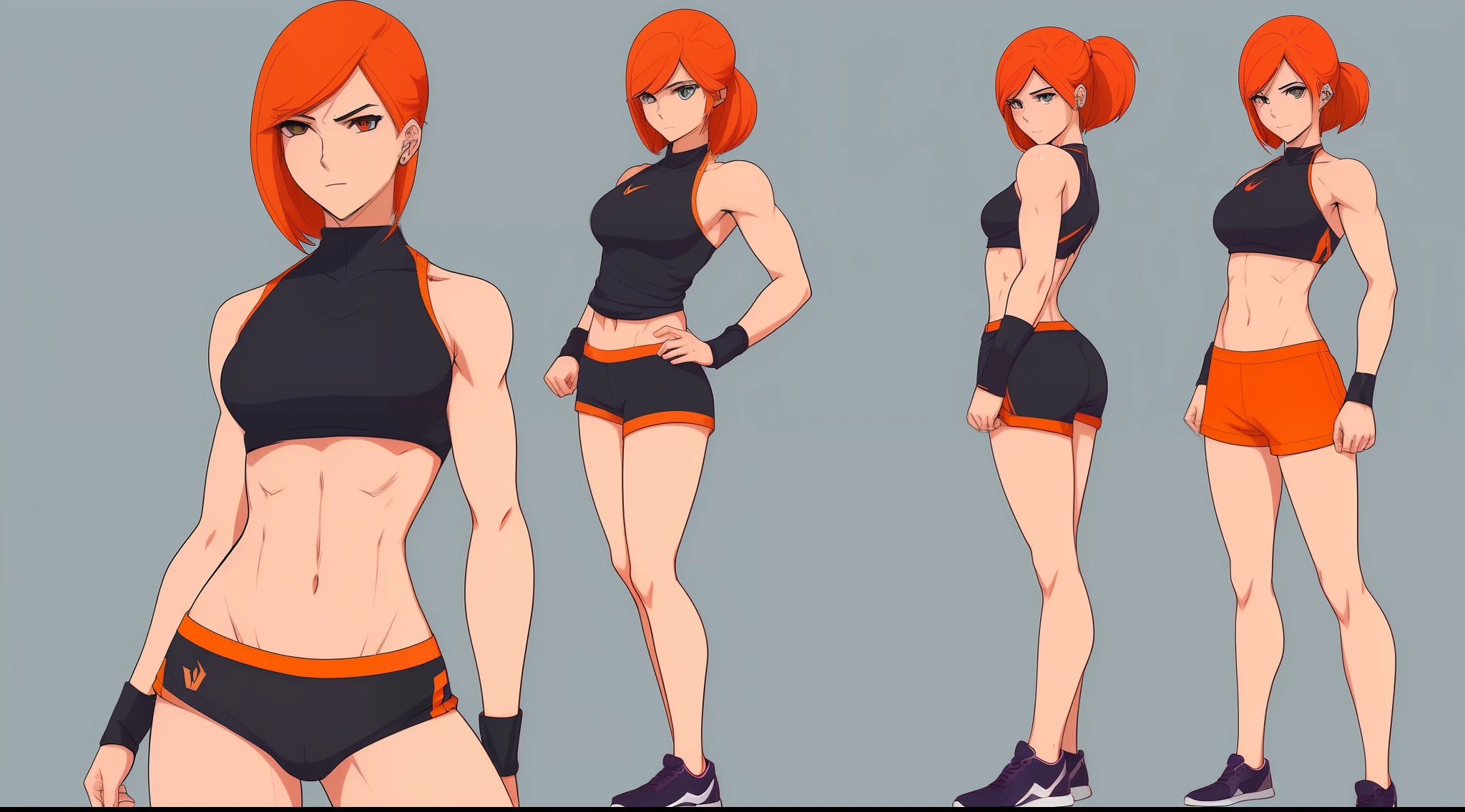 ((((Estilo Webtoon)))), ((((Character description)))) Mujer joven en ropa deportiva, Pelo corto de color naranja, Ruso, cuerpo completo, pose casual], [Ultra mega hyper stray muscles]