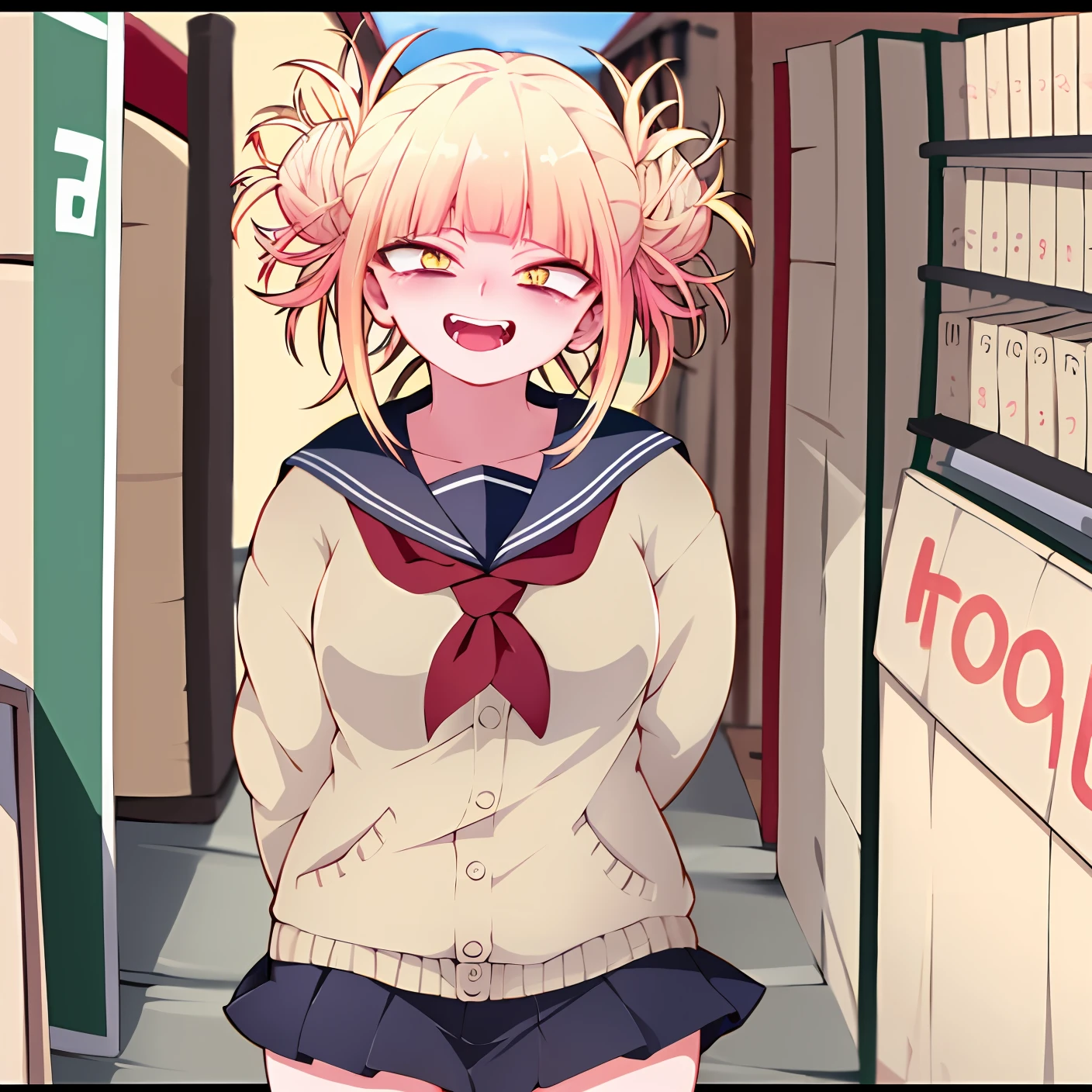 Masterpiece, best quality, 1girl, detailed face, toga himiko, yellow eyes, light from behind, super detailed, grocery store, cinematic lightning, happy, (close-up), looking at viewer