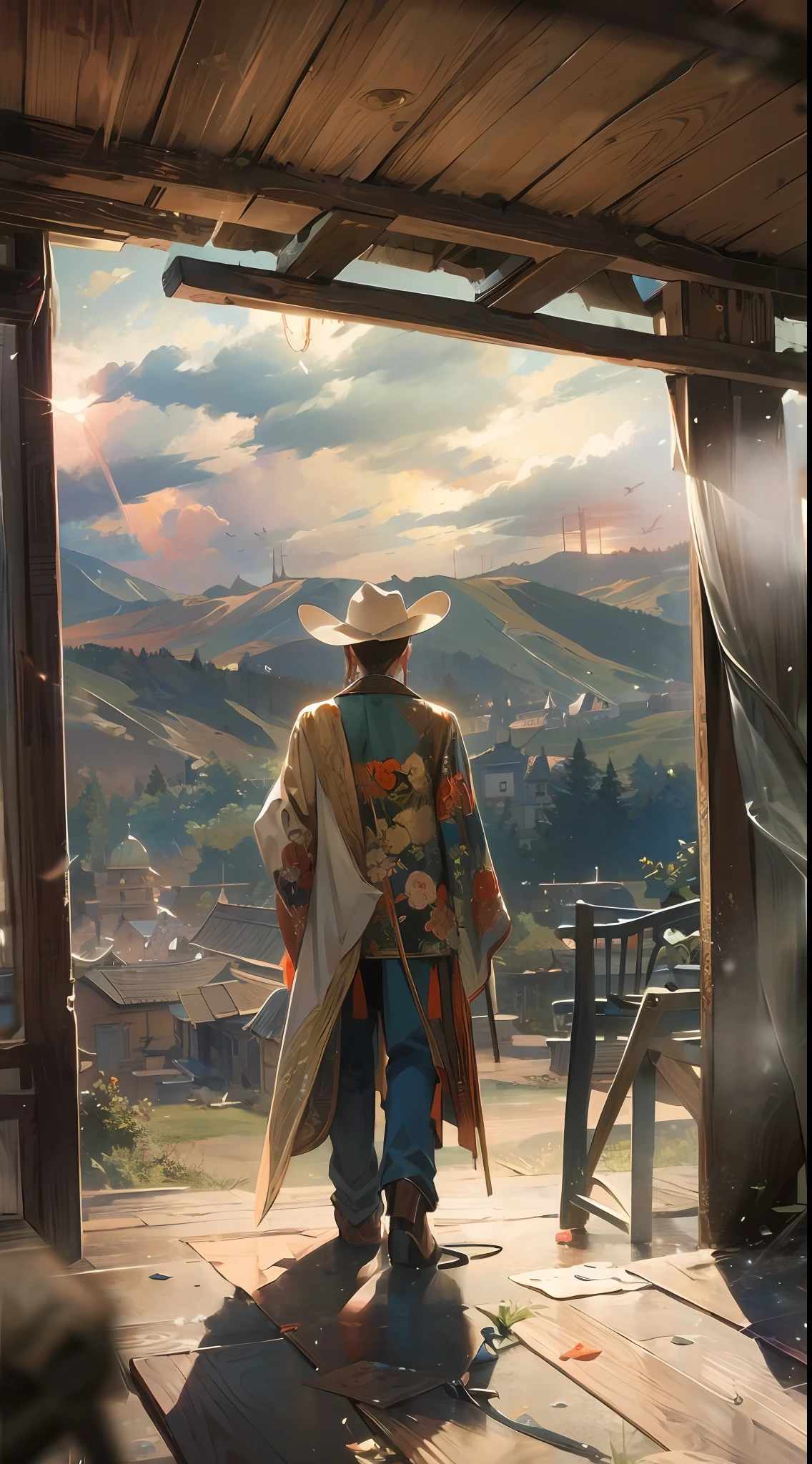 (masterpiece, best quality:1.4), cowboy shot, looking at viewer, sunlight, cloudy sky,