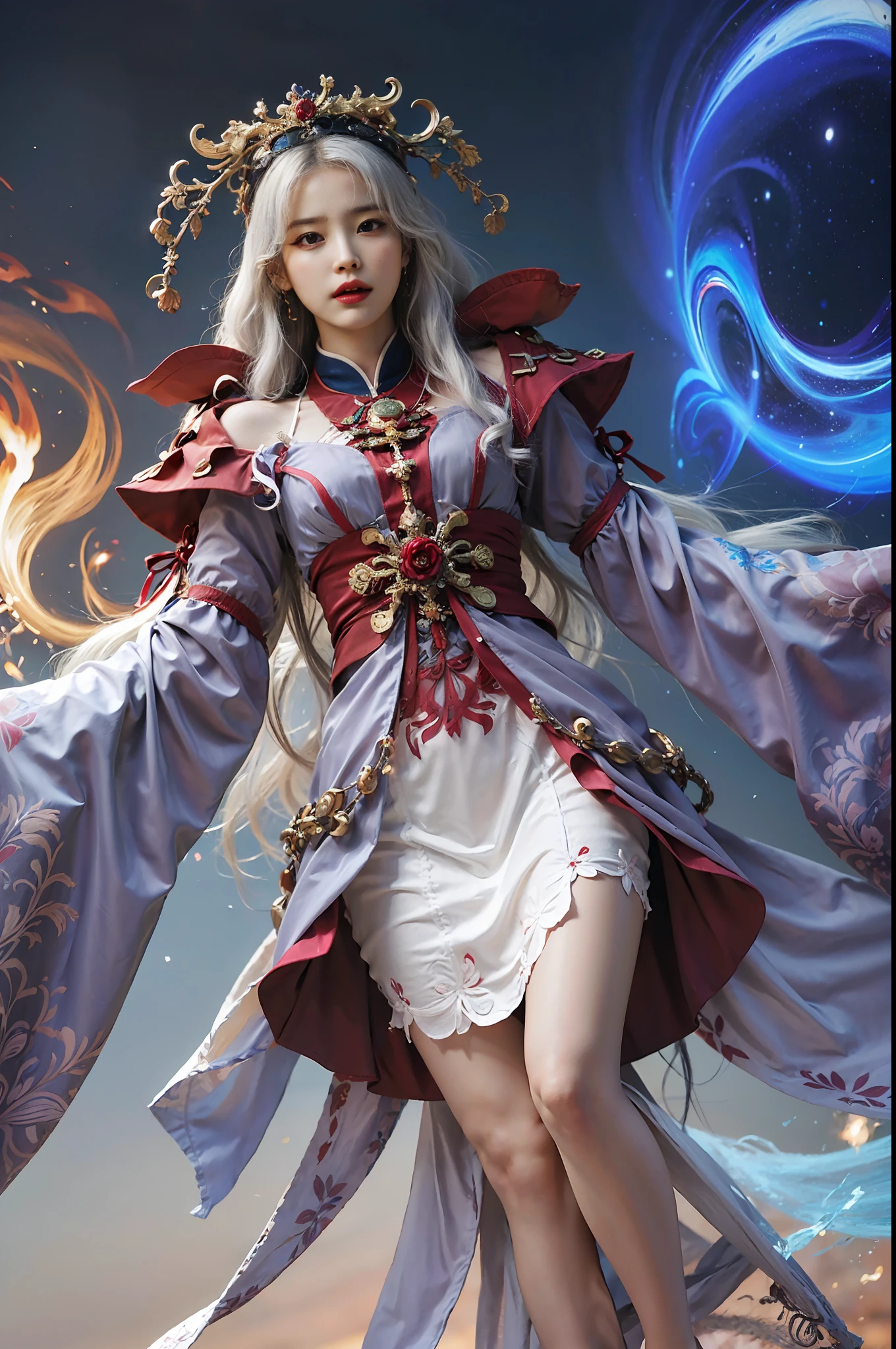 a close up of a woman in a white dress with a long white hair, beautiful celestial mage, full portrait of elementalist, full body xianxia, heise jinyao, onmyoji detailed art, g liulian art style, extremely detailed artgerm, by Yang J, white haired deity, astral ethereal, holy fire spell art, highly detailed, (high detailed skin:1.3), (photorealistic:1.3), ultra-detailed, (high detailed skin:1.2), expressionless, 8k uhd, dslr, soft lighting, high quality, film grain, Fujifilm XT3, best quality, beautiful lighting