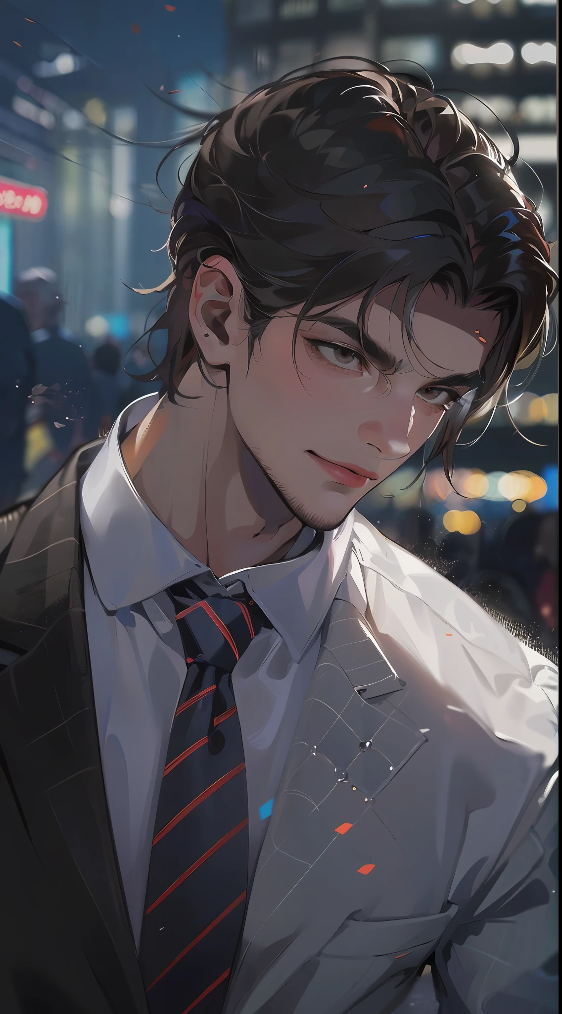 (absurdres, highres, ultra detailed, realistic, ), 1 male, solo, adult, mature, tall muscular guy, broad shoulders, handsome, very short hair, black hair, brown eyes, angular jaw, thick neck, thick eyebrows, night, dark, the night view of the city background, formal suit, necktie, upper body