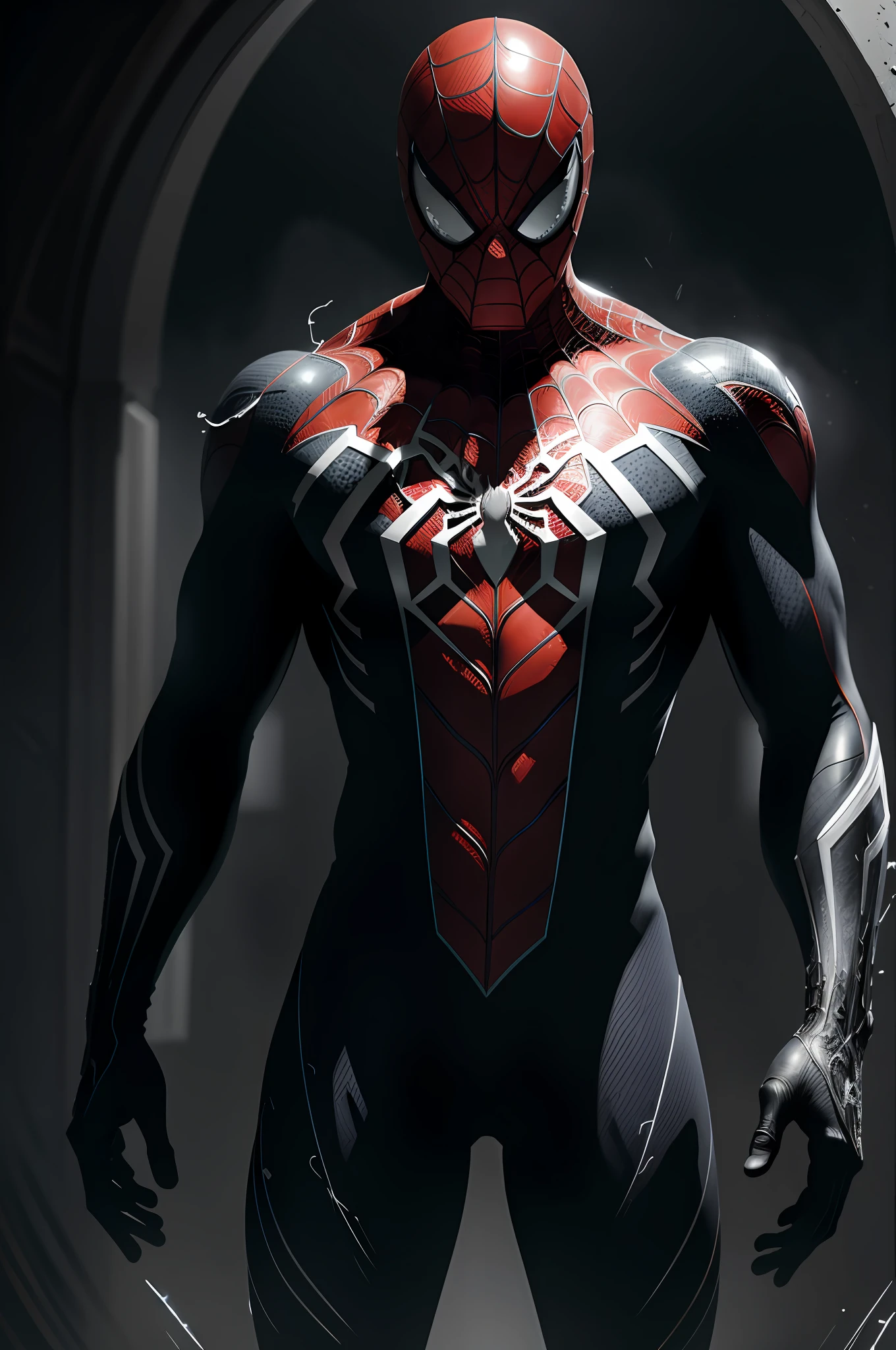 (8k, RAW photo, best quality, masterpiece: 1.2), ultra detailed, official art, photo-realistic: 1.37, spider man, black suit, spider in the center of your chest in white, organic looking clothing, gooey testura, symbiote, art, PS5 cinematic screenshot, highly detailed and detailed cinematic rendering, ultra photorealistic raytricing, with cinematic lightingaction pose