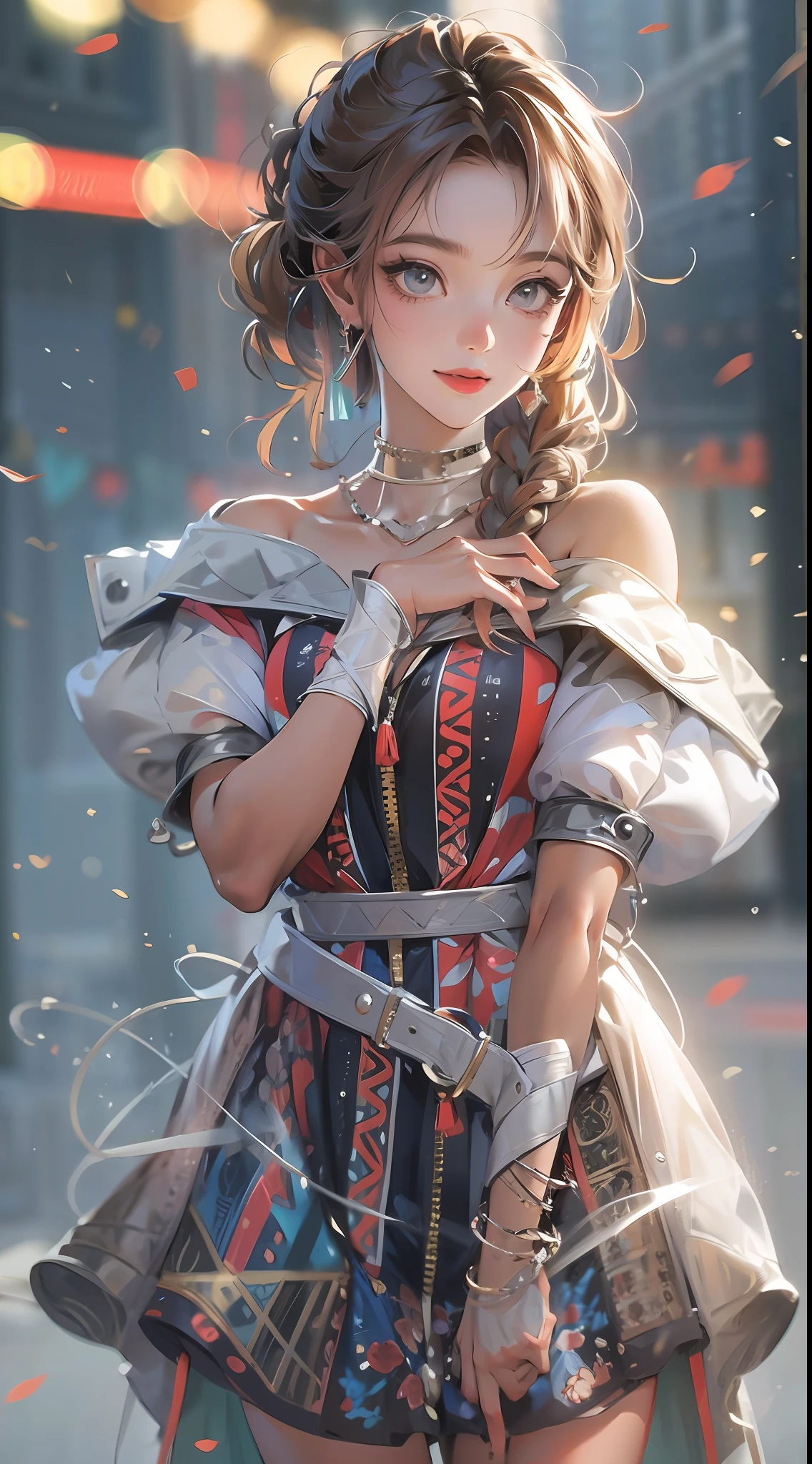 best quality, masterpiece, ultra high res, photorealistic, 1girl, offshoulder, smile