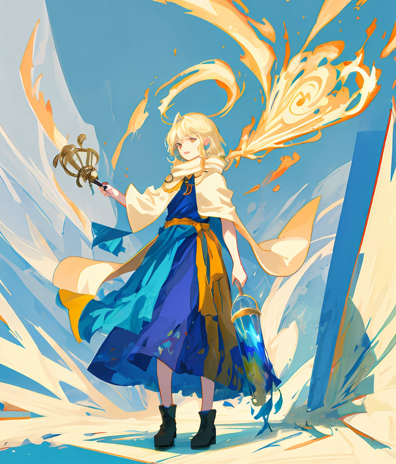 Anime characters with a sword and a star on white background, touhou project official artwork, Animated characters and swords with colorful backgrounds, Animation abstract art, Painting a woman holding a scepter in a dress with Taoist elements, Clean animation outline, Wearing a European shawl, Hanging bottle, A jar and a small box around the waist, Outline sketch, She holds the scepter, Full body character diagram, rough outline, Flat animation style shadows, Animated girl holding scepter and golden dress, Epic wizard girl character, Beautiful celestial wizard, cushart krentz(Kushat Kerenz)A complete portrait of a key artistic woman,
