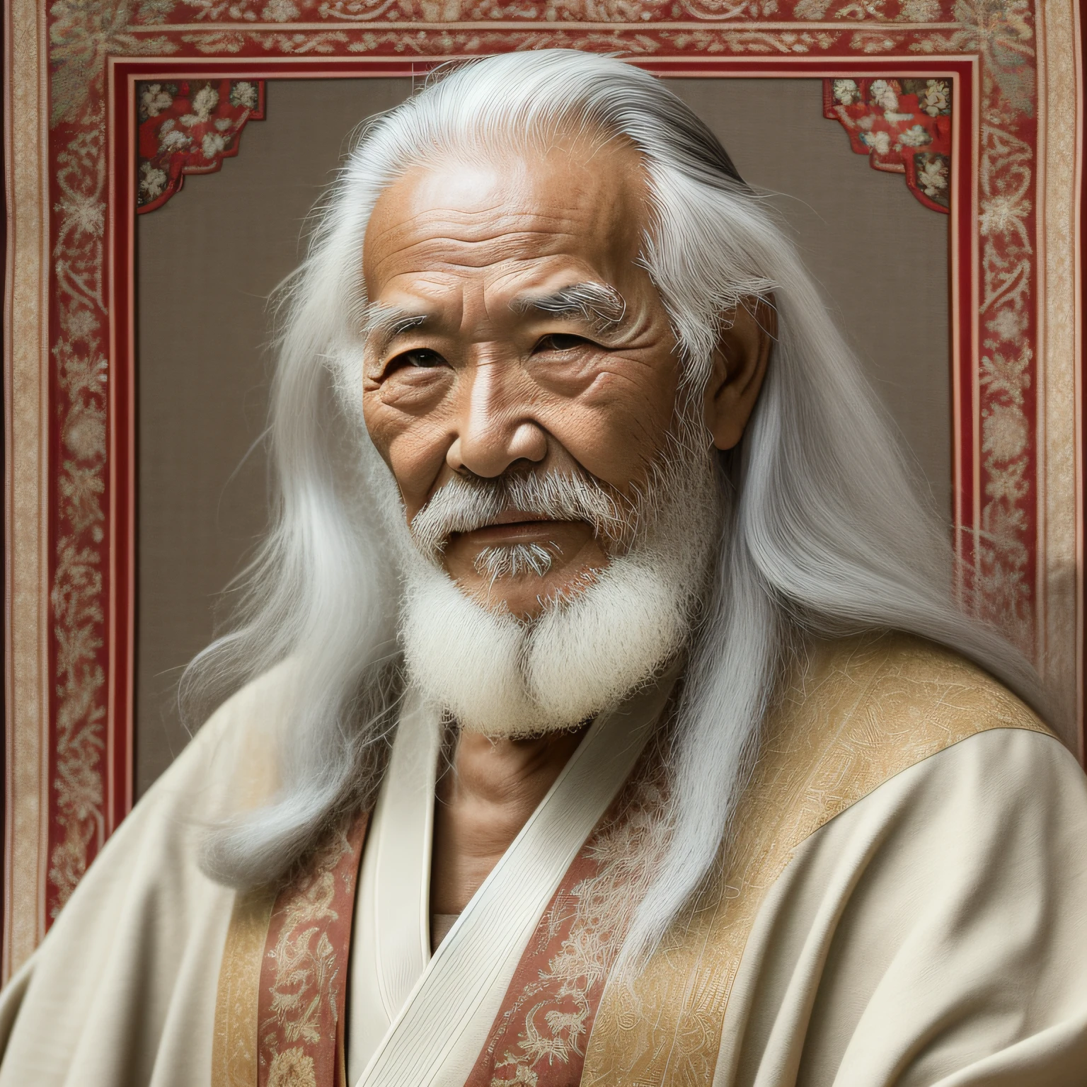 An elderly man，Wearing a coarse cloth robe，long  white hair，Long white beard，Thin，Vicissitudes，Asian people，frontage，