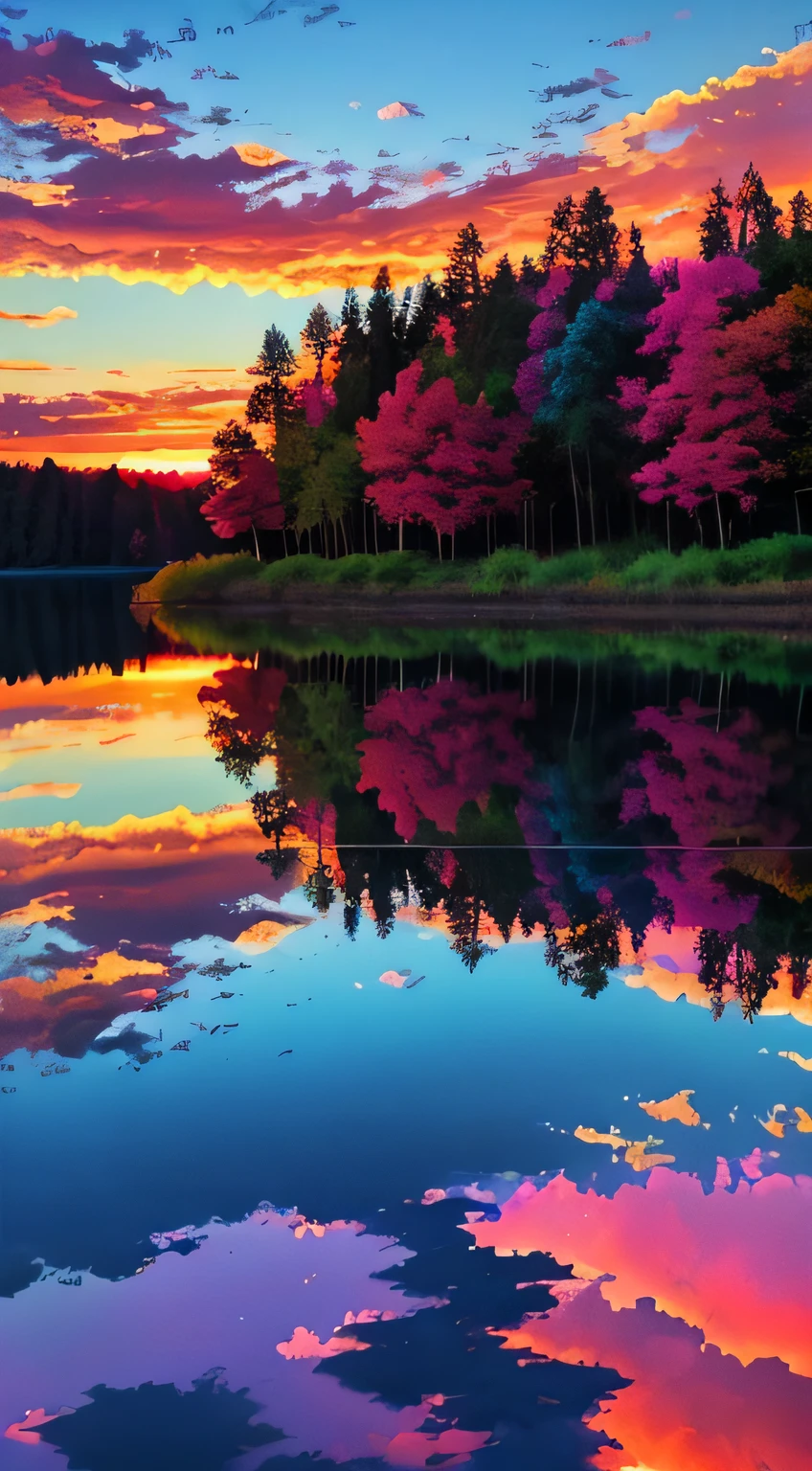 there is a beautiful sunset with a lake and trees in the background, colorful skies, surreal colors, colorful sunset, colorful sky, marvellous reflection of the sky, stunning sky, dream like atmosphere 8k, colorful clouds, colors reflecting on lake, surreal sky, red and blue reflections, fire reflection, beautiful sky, beautiful and spectacular dusk, beautiful dreamy landscape, amazing sky