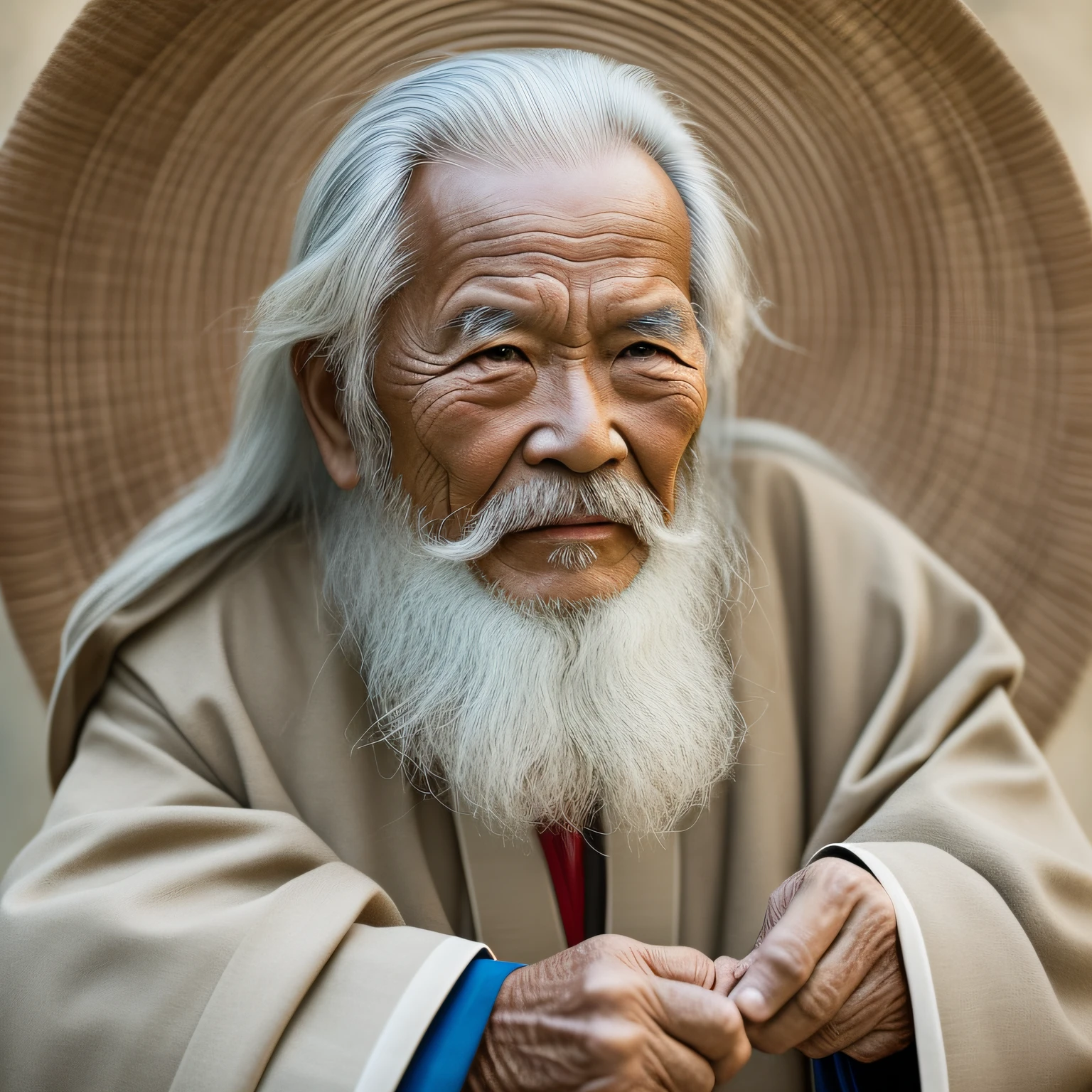 An elderly man,Wearing a coarse cloth robe,long white hair,Long white beard,Thin,Vicissitudes,Asian people,frontage,