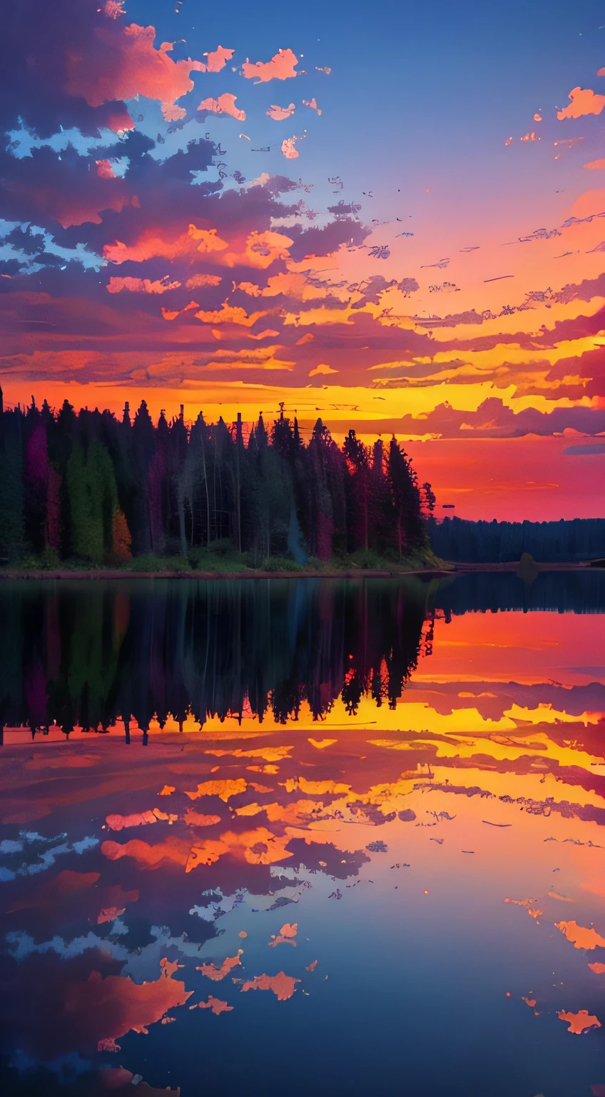 there is a beautiful sunset with a lake and trees in the background, colorful skies, surreal colors, colorful sunset, colorful sky, marvellous reflection of the sky, stunning sky, dream like atmosphere 8k, colorful clouds, colors reflecting on lake, surreal sky, red and blue reflections, fire reflection, beautiful sky, beautiful and spectacular dusk, beautiful dreamy landscape, amazing sky