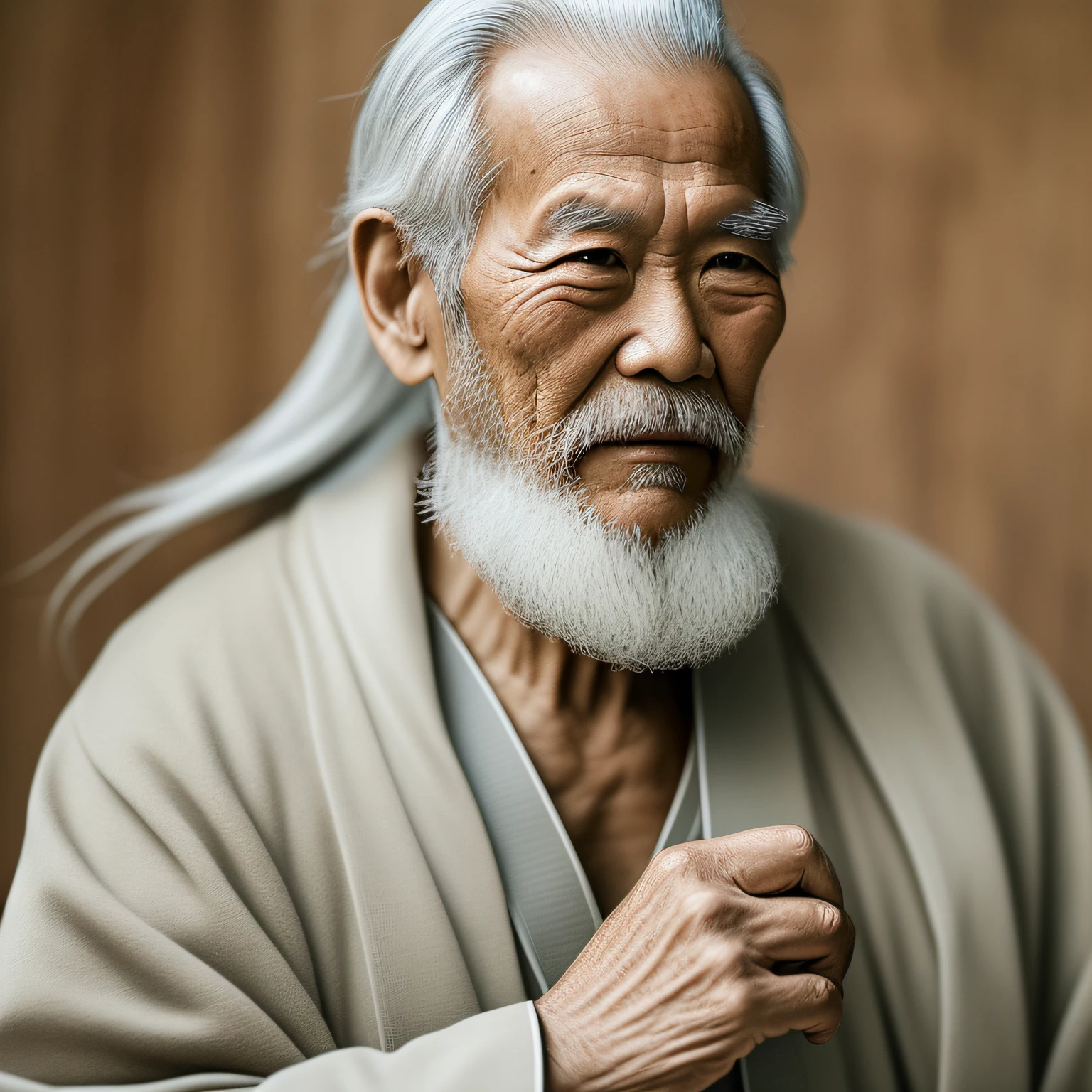 An elderly man,Wearing a coarse cloth robe,long white hair,Long white beard,Thin,Vicissitudes,Asian people,frontage,