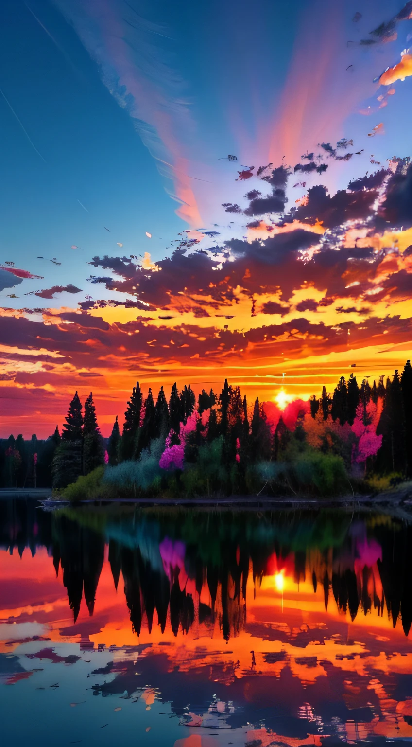 there is a beautiful sunset with a lake and trees in the background, colorful skies, surreal colors, colorful sunset, colorful sky, marvellous reflection of the sky, stunning sky, dream like atmosphere 8k, colorful clouds, colors reflecting on lake, surreal sky, red and blue reflections, fire reflection, beautiful sky, beautiful and spectacular dusk, beautiful dreamy landscape, amazing sky