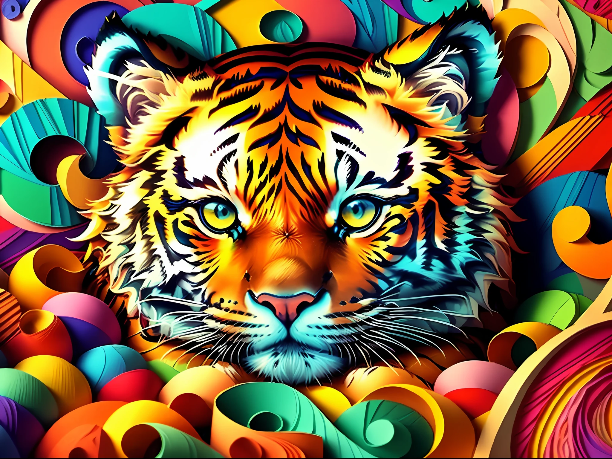 tiger, multi dimensional quilling paper, art, chibi, yang08k, beautiful, colorful, masterpieces, top quality, best quality, official art, beautiful and aesthetic, clean unique, and with a cat,