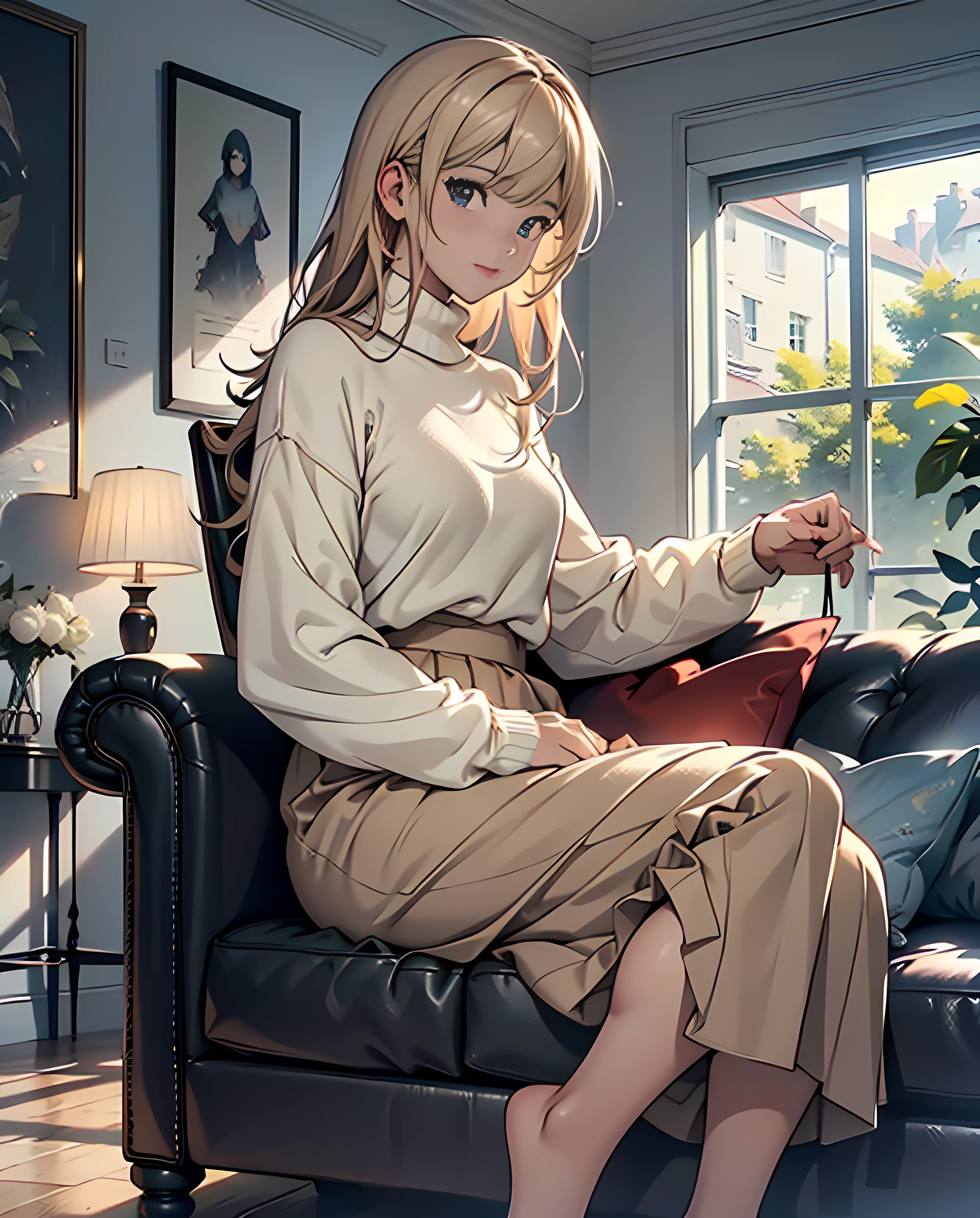 (absurderes、hight resolution、ultra-detailliert)、(the Extremely Detailed CG Unity 8K Wallpapers、Beautifully Aesthetic:1.2)、(1girl in:1.3)、Lady、独奏、The upper part of the body、rcasual、It features a simple、Natural Fabric、Sit up、knit、Lace Long Skirt、white  shirt、Brownish、If you have a photo、Hold in hand、Plain clothe、a room、sit on sofa、Mystical lighting、Ethereal Atmosphere、livingroom、dressed casually, Sweaters, turtle neck、closed clothes、natural soft light