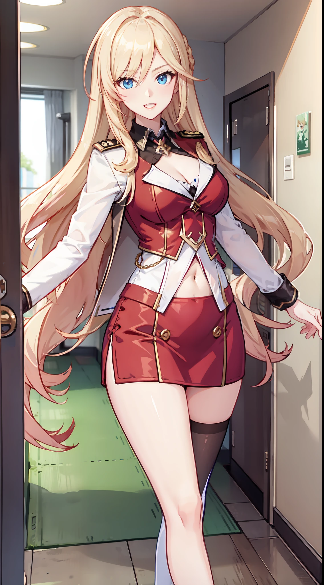 slim legs, cleavage, short skirt, navel, blue eyes, red soldier uniform, thigh high socks, stand, blonde hair, long hair, short skirt, durandal, happy, hallway