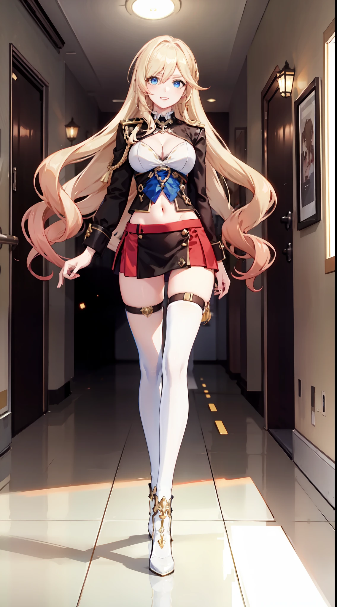 slim legs, cleavage, short skirt, navel, blue eyes, red soldier uniform, thigh high socks, stand, blonde hair, long hair, short skirt, durandal, happy, hallway