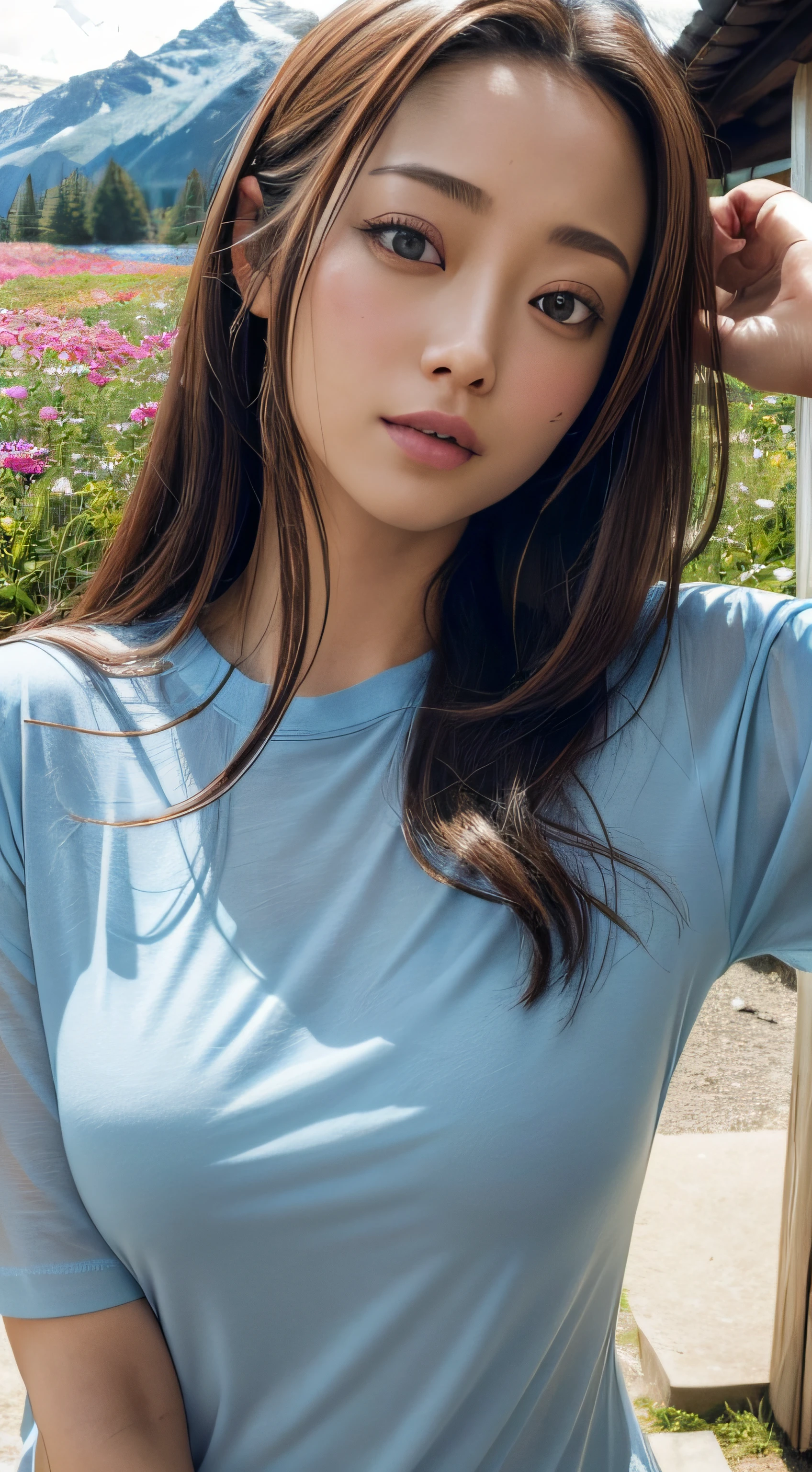 doress、(Photorealsitic:1.4)、(hyper realisitic:1.4)、(realisitic:1.3)、(Smooth lighting:1.05)、(Improved lighting quality in movies:0.9)、32K、1girl in、20 years girl、Realistic lighting、Back lighting、Facial light、raytrace、(brightened light:1.2)、(enhanced quality:1.4)、(Top quality real texture skins:1.4)、finely eye、finerly detailed face、Fine quality eye、(Tired, sleepy and satisfied:0.0)、 close up of face、tshirts、(enhance body line mood:1.1)、(Increase the beauty of skin texture:1.1)、((Aya Ueto))、Switzerland、lake、the Alps、flower  field
