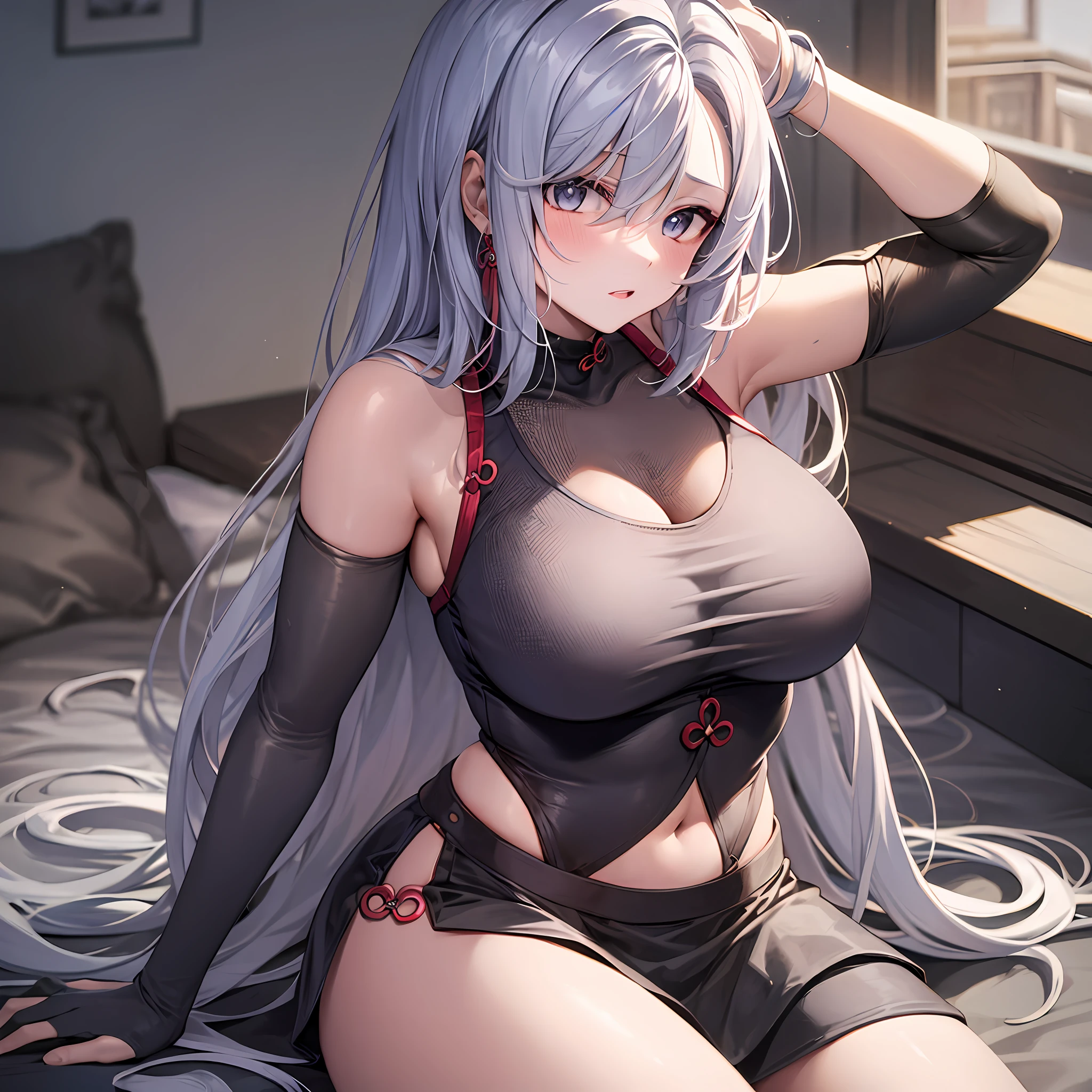 1shenhe, silver hair, large breasts, underwear, in, cleavage, navel, t-shirts, (brachial), skirt, lie, Body, sexy, sitting