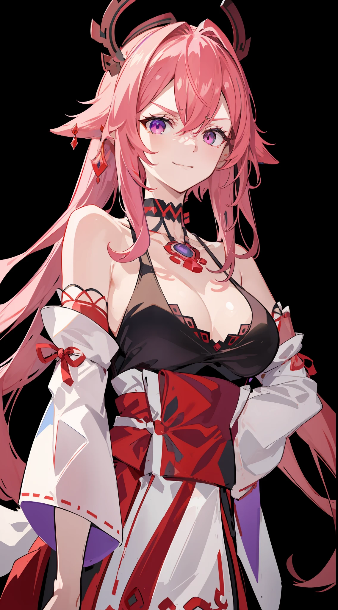 （tmasterpiece，Need，1girll，Solo，The details are complex，ssmile，color difference），photorealestic，（（Medium breath）），cropped shoulders，(cleavage)，Raised sexy，Close-up，Top-down view，little breast，Yae Miko，Pink Long Hair，red headgear，Red highlight，Purple eye，耳Nipple Ring，sharp look，Perfectly symmetrical figure，choker necklace，Neon shirt，Open jacket，high-necksweater，against a wall，​​clouds，blue-sky，scribbles，dim murky lights，looking at viewert，（（Mean streak，Cleavage is seductive，big breasts enchanting）），（（（sakurabackground))), (((Glow-in-the-dark background)))