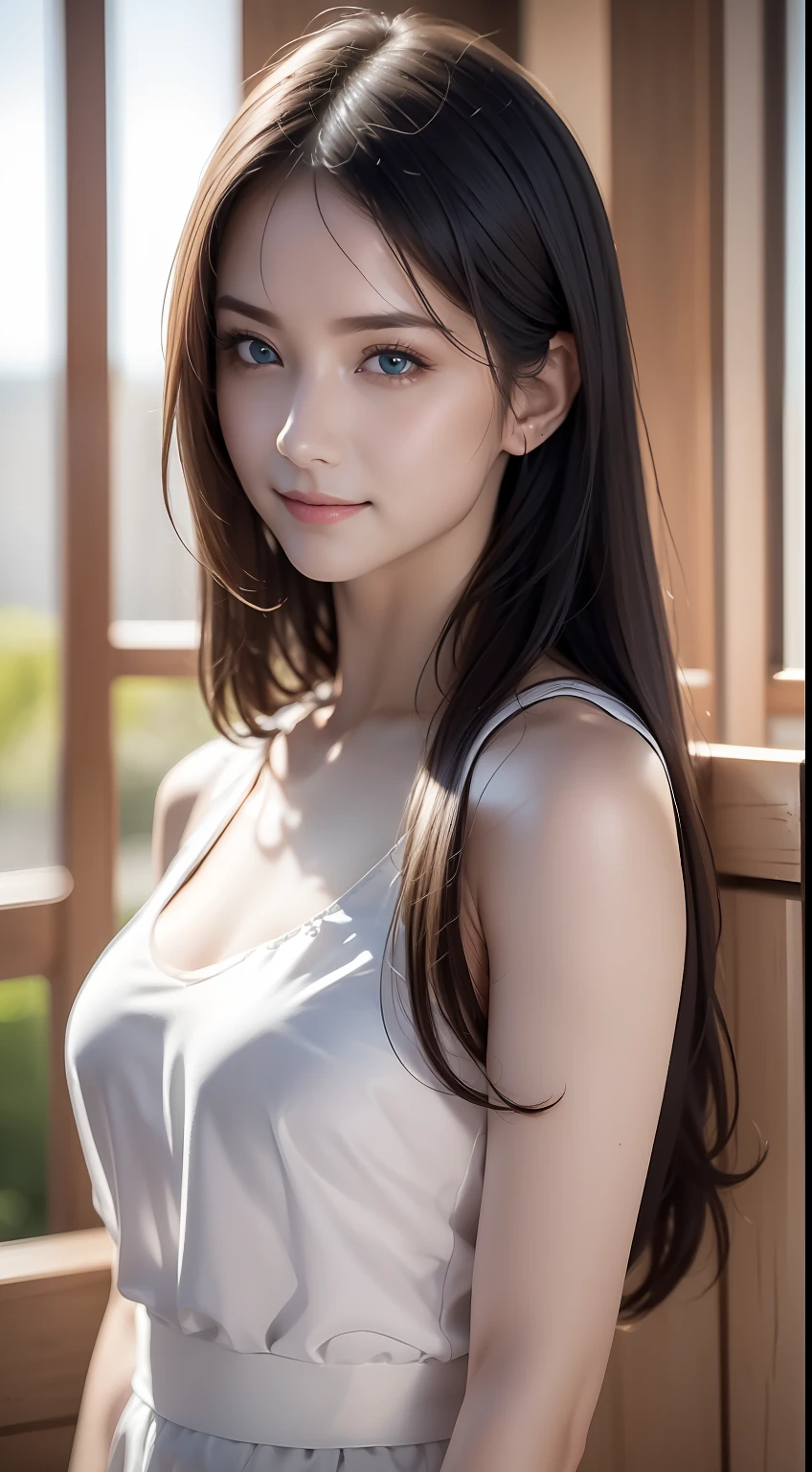 (8k, Best Quality, Masterpiece: 1.2), (Realistic, Realistic:1.37), Ultra Detailed, 1 Girl, Cute, Solo, Beautiful Detailed Sky, Dating, (Nose Red), (Smile: 1.15), (Shut Up) Small Breasts, Beautiful Delicate Eyes, (Long Hair: 1.2), Flowing Hair NovaFrogStyle, Upper body, Vest