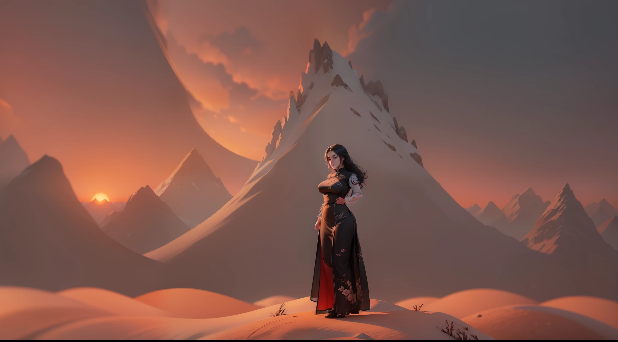 (( 1 woman standing)),(mountain), Realistic, Best Quality, (((wearing qipao))))), (big breasts: 1.7), ((sunset)), dynamic lighting, intricately , volumetric lighting, trending on Artstation, warm colors, ambient occlusion, 8K resolution, depth of field, ((Unreal Engine 5: 1.2)), ((master piece: 1.6)), (((perfect anatomy: 1.7))), ((detailed face: 1.7)), (((black long hair)))