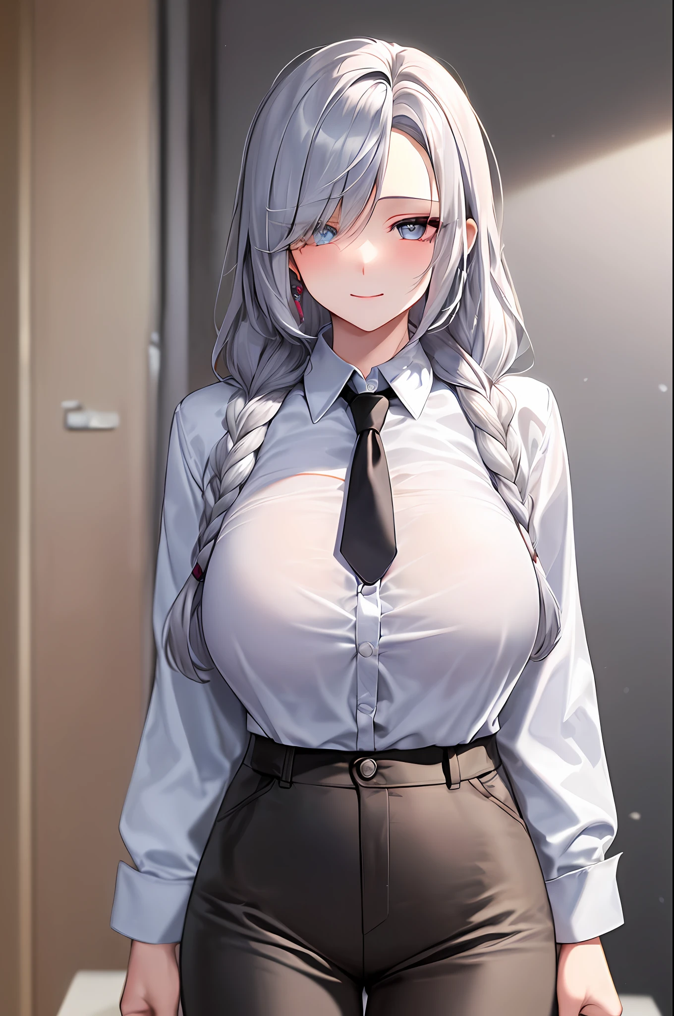 ((masterpiece)), (best quality), beautiful, extremely detailed face, perfect lighting,ultra-detailed,((expressionless)),((cold attitude)),((tsurime)),((tareme)),breasts,((Mature female)),((Shenhe, long hair, smile, bangs, (big breasts:1.2), braid, silver hair, braided ponytail, silver eyes, ringed eyes,
shirt, long sleeves, white shirt, necktie, collared shirt, pants, black pants, formal, suit, black necktie, shirt tucked in, office lady