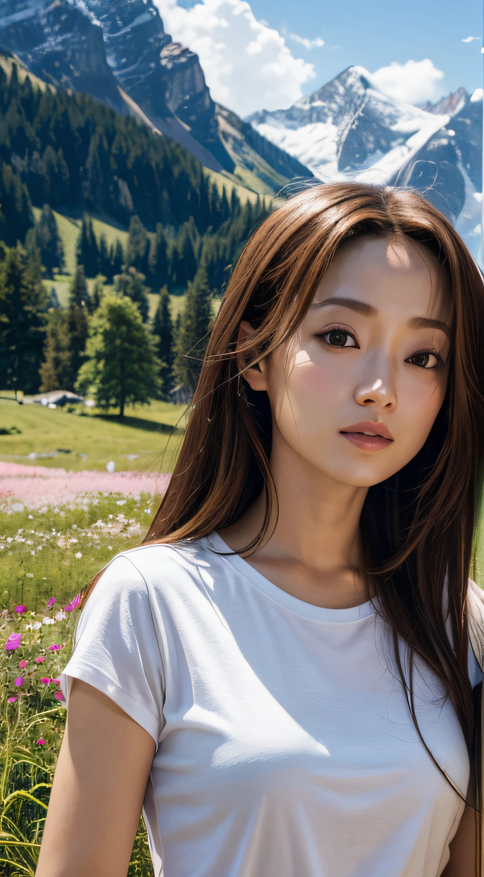 doress、(Photorealsitic:1.4)、(hyper realisitic:1.4)、(realisitic:1.3)、(Smooth lighting:1.05)、(Improved lighting quality in movies:0.9)、32K、1girl in、20 years girl、Realistic lighting、Back lighting、Facial light、raytrace、(brightened light:1.2)、(enhanced quality:1.4)、(Top quality real texture skins:1.4)、finely eye、finerly detailed face、Fine quality eye、(Tired, sleepy and satisfied:0.0)、 close up of face、tshirts、(enhance body line mood:1.1)、(Increase the beauty of skin texture:1.1)、((Aya Ueto))、Switzerland、lake、the Alps、flower field