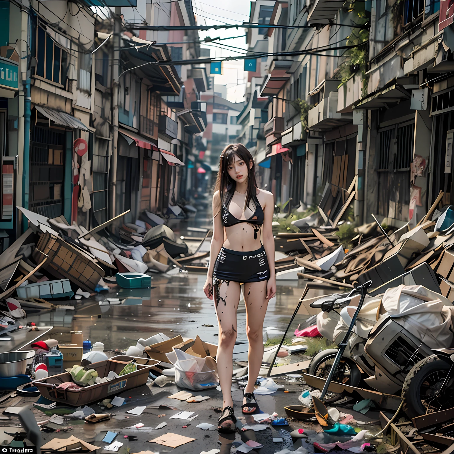 Cidade abandonada，A very cute extreme exhibitionist Korean girl，Sexy pose standing in ruins，Naked all over the body，Garbage all over the ground，grimy， tmasterpiece， Best quality at best， highly  detailed，Masterpiece，best qualtiy，Extreme image quality